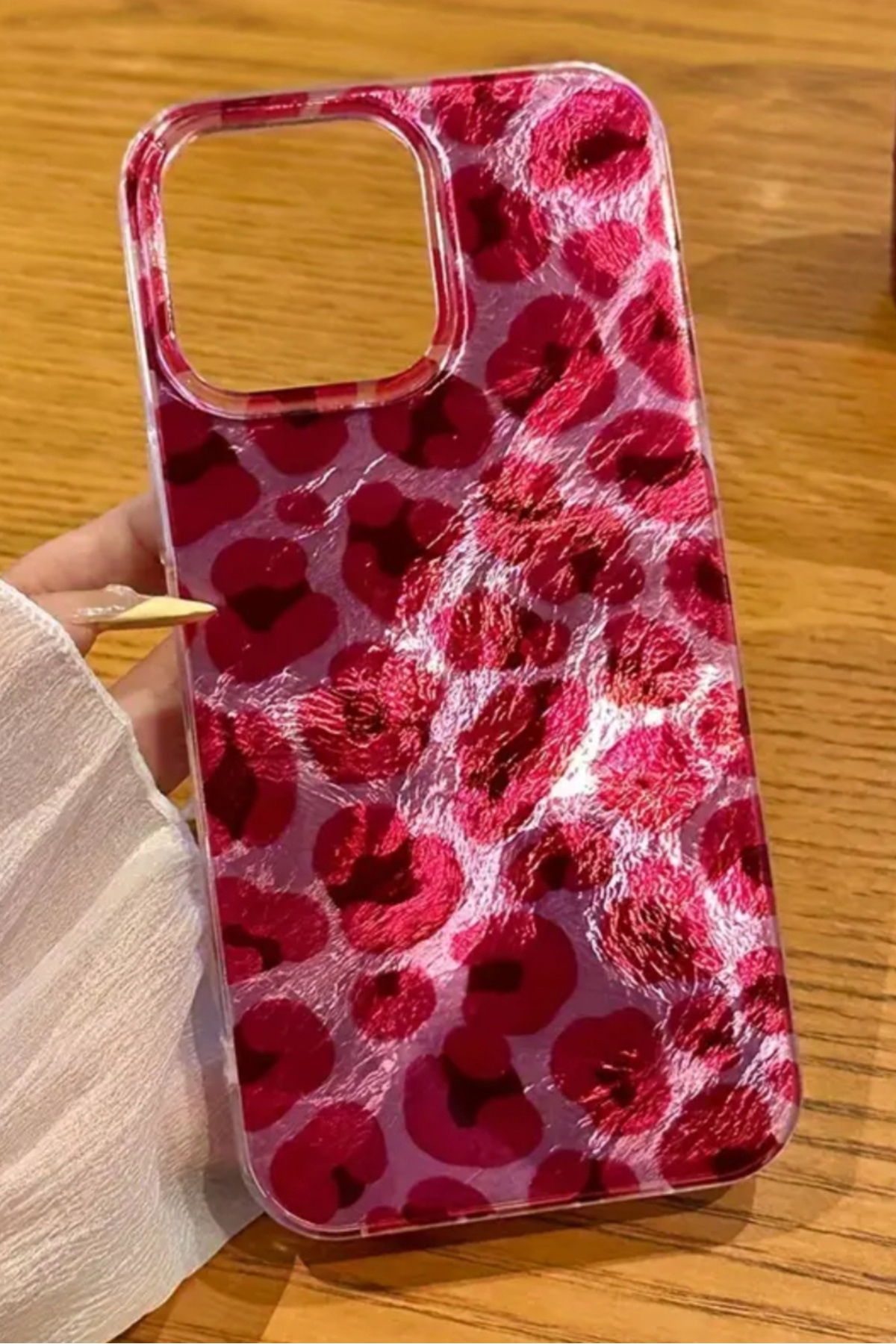 EDELFU-iPhone 15 Plus and 14 Plus Aurora Red Leopard Pattern Glossy Side Transparent Phone Case 1
