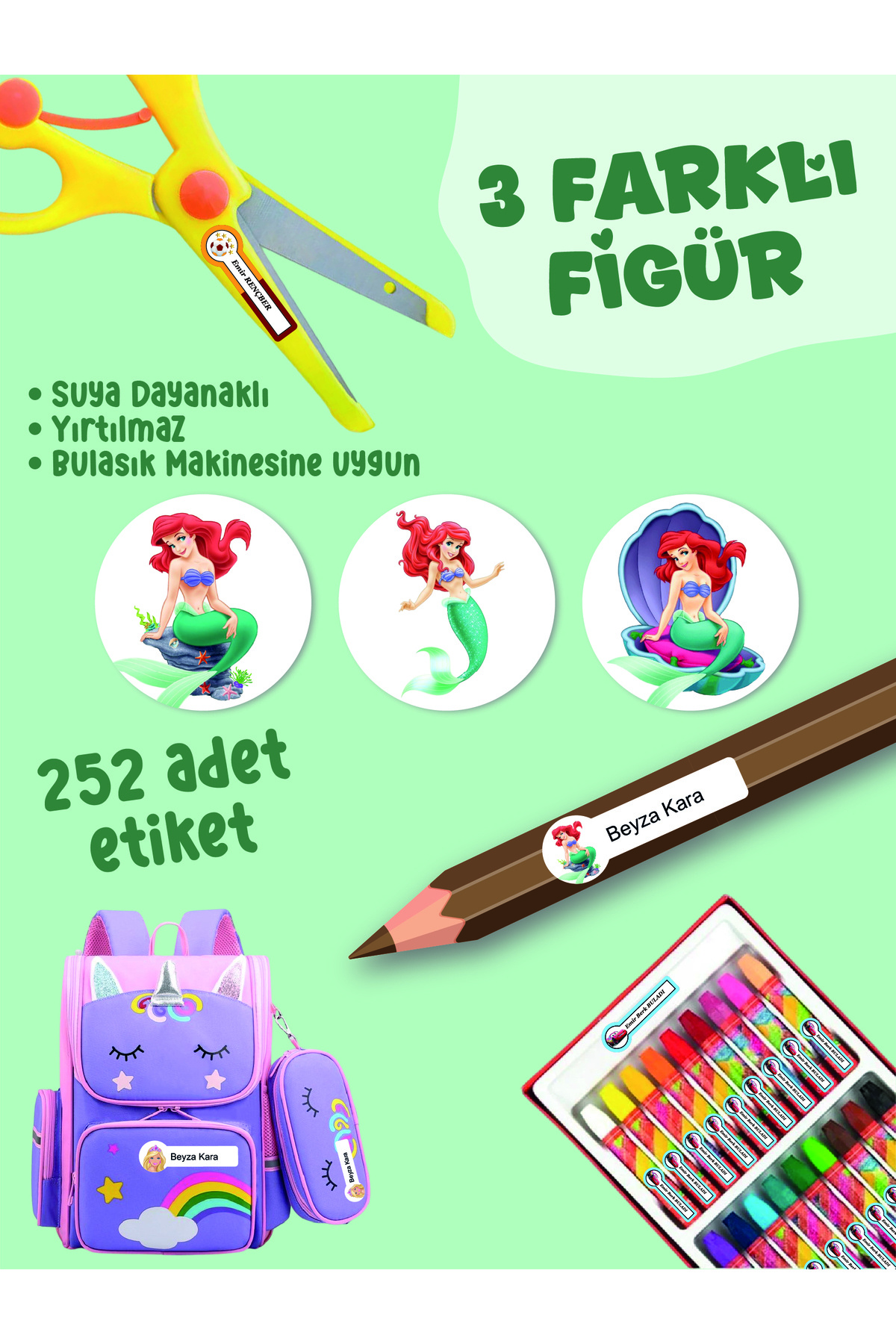 YUNUS COPY-School Label Pen Notebook Label Mermaid Themed Custom Name Writable Label - 252Pcs 2