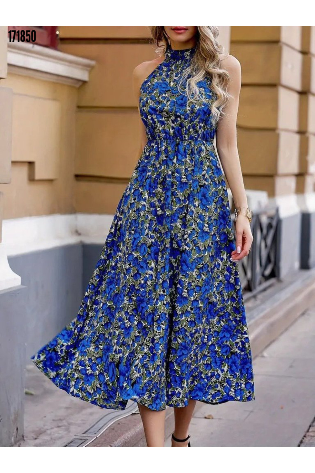 Modayakamoz  Otantik Desenli Kadın Elbise - Kolsuz Halter Yaka Beli Lastikli Mikro Kumaş - Görsel 2