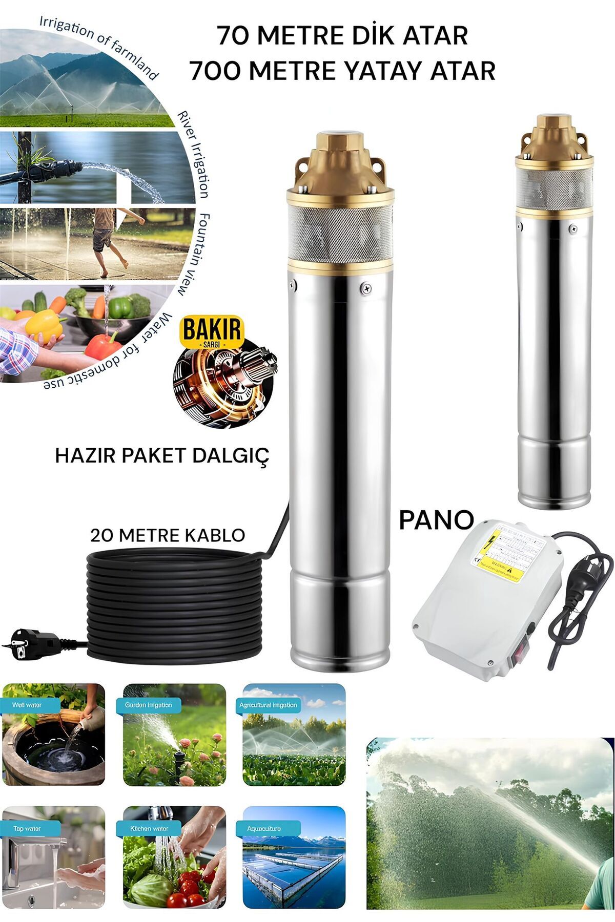 DYNAMİC MAX 1.5 Hp 220V Kalem Dalgıç Su Motoru Pompa 70m Derinlik 600M Yatay Panolu Hazır Paket 20 M kablolu