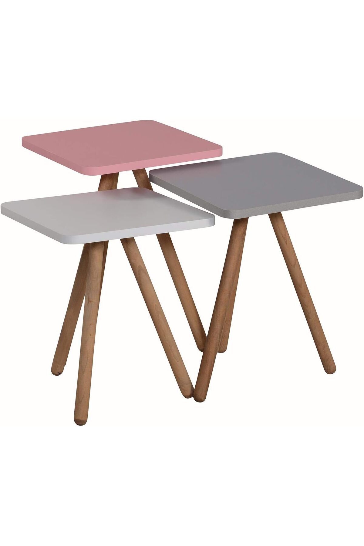 Yıldızan Renkli Üçlü Zigon Sehpa Ahşap Ayaklı Kare Pastel Tasarım Pembe Beyaz Gri 1178227