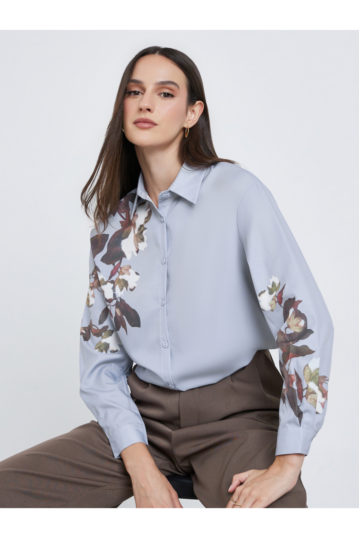 Styli Women Grey Floral Print Regular Fit Shirt