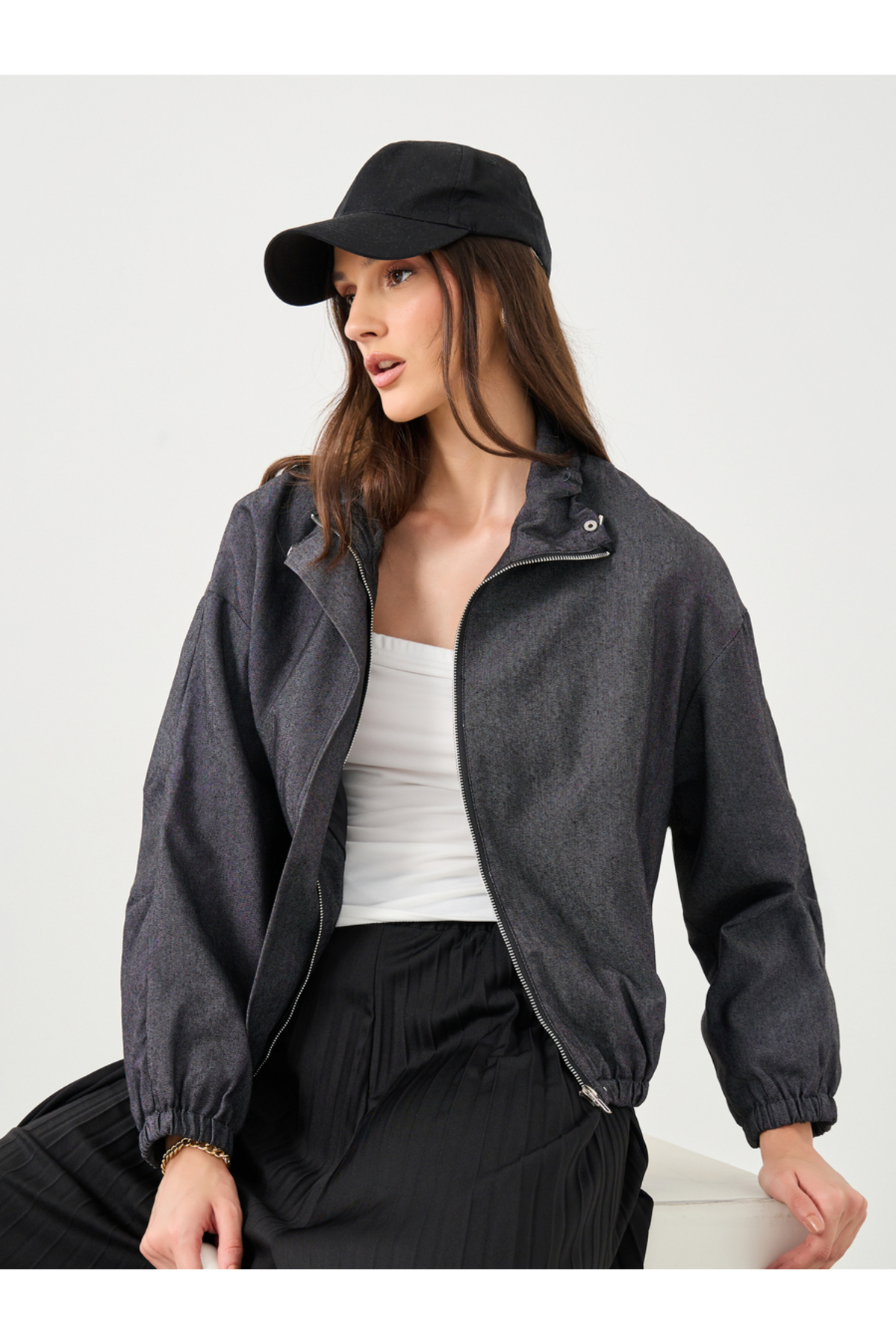 Styli Women Black Regular Fit Denim Bomber Jacket