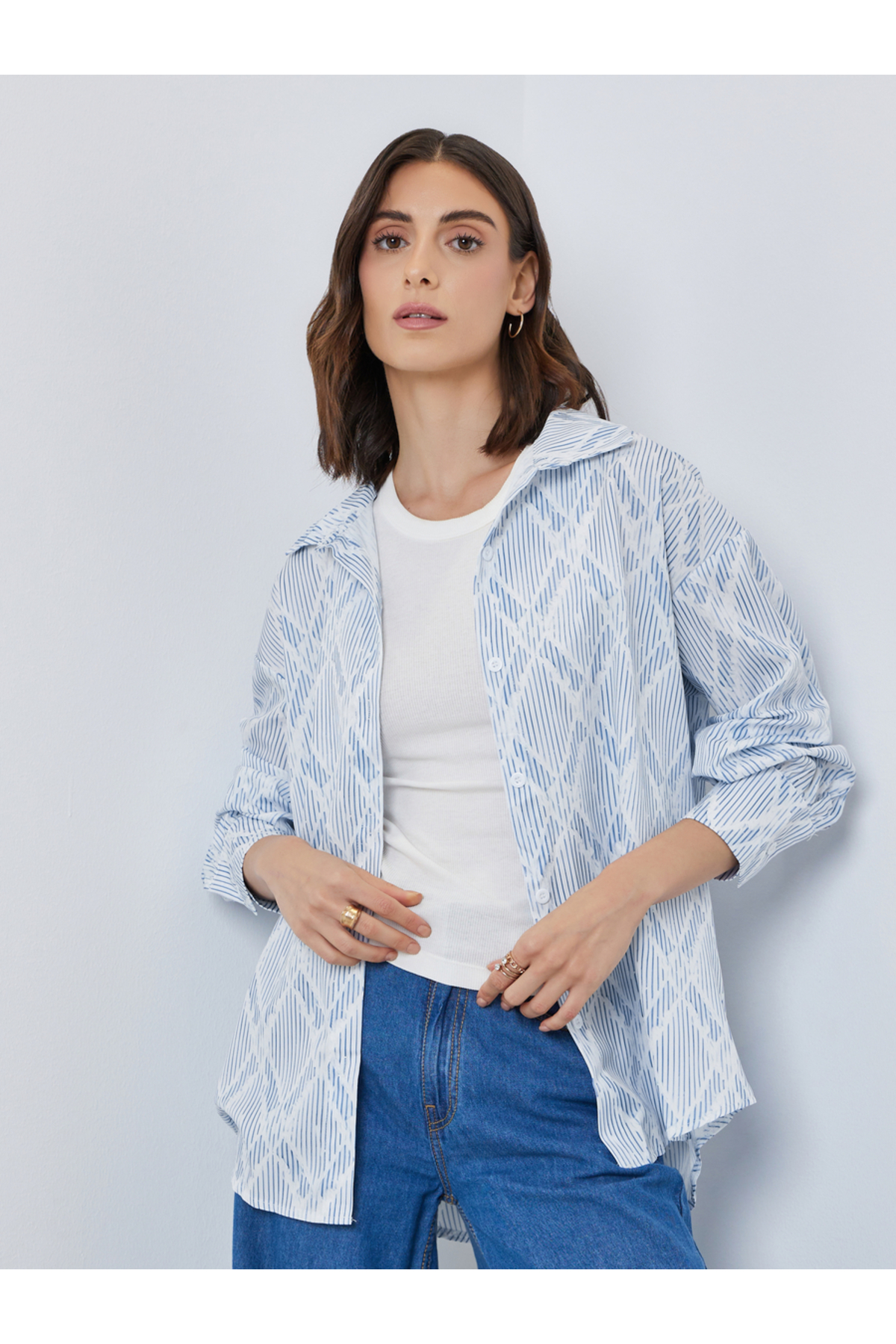 Styli Women Blue All-Over Print Long Sleeve Oversized Shirt