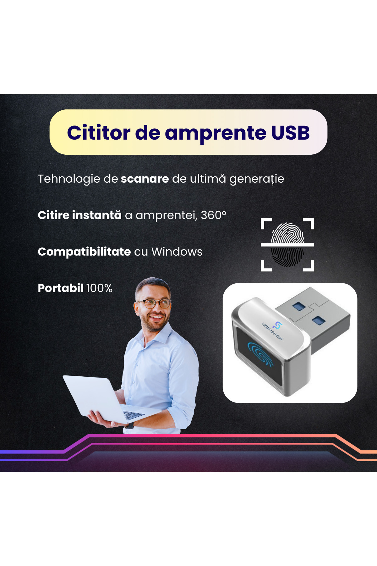 SpectrumPoint-USB fingerprint reader model U6, compatible with Windows and Android, plug & play installation, gray 2
