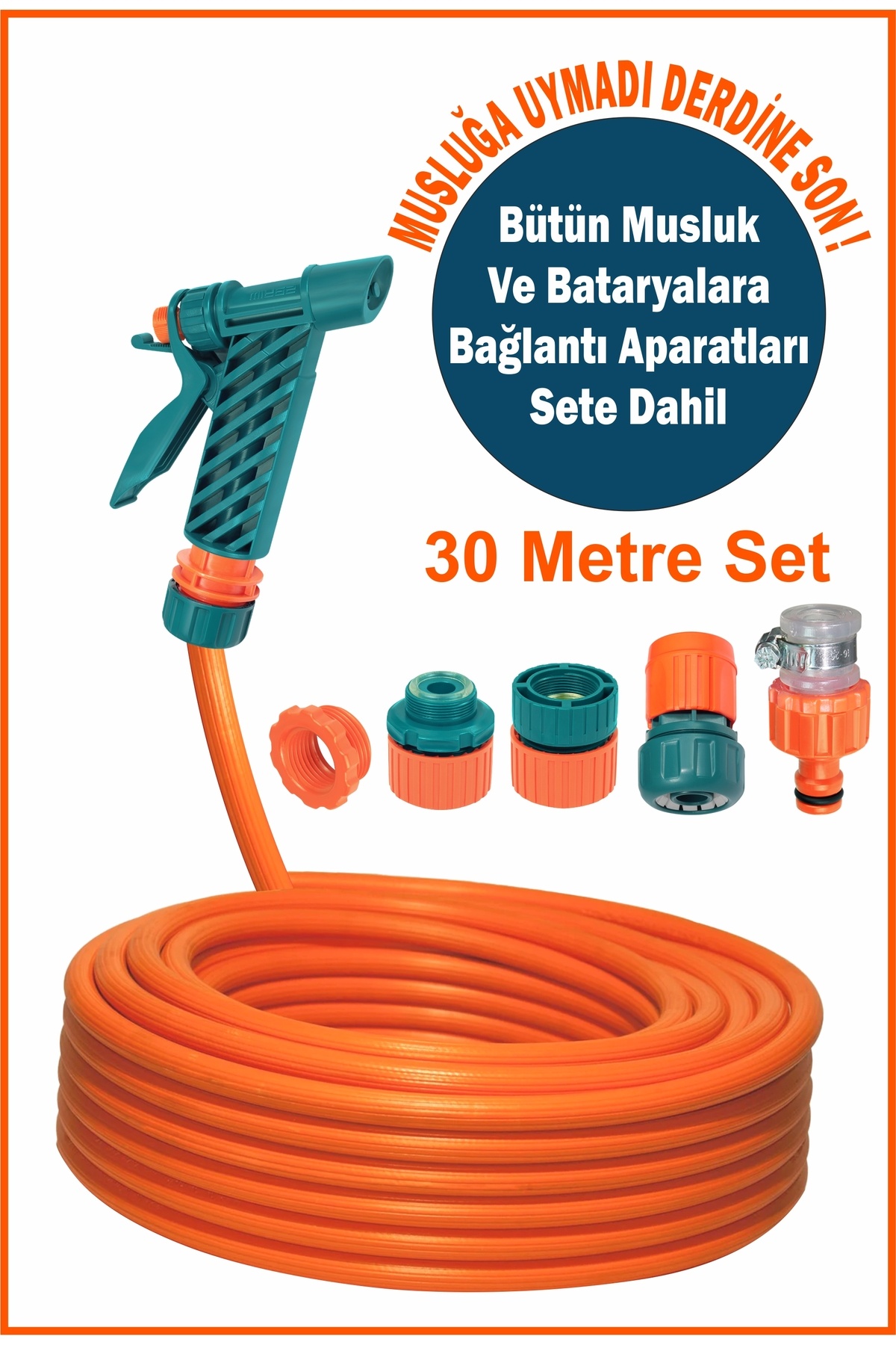 woodretro Bahçe Sulama Seti 30 Metre Hortum + Tabanca Uç ve Musluk Aparatları Dahil
