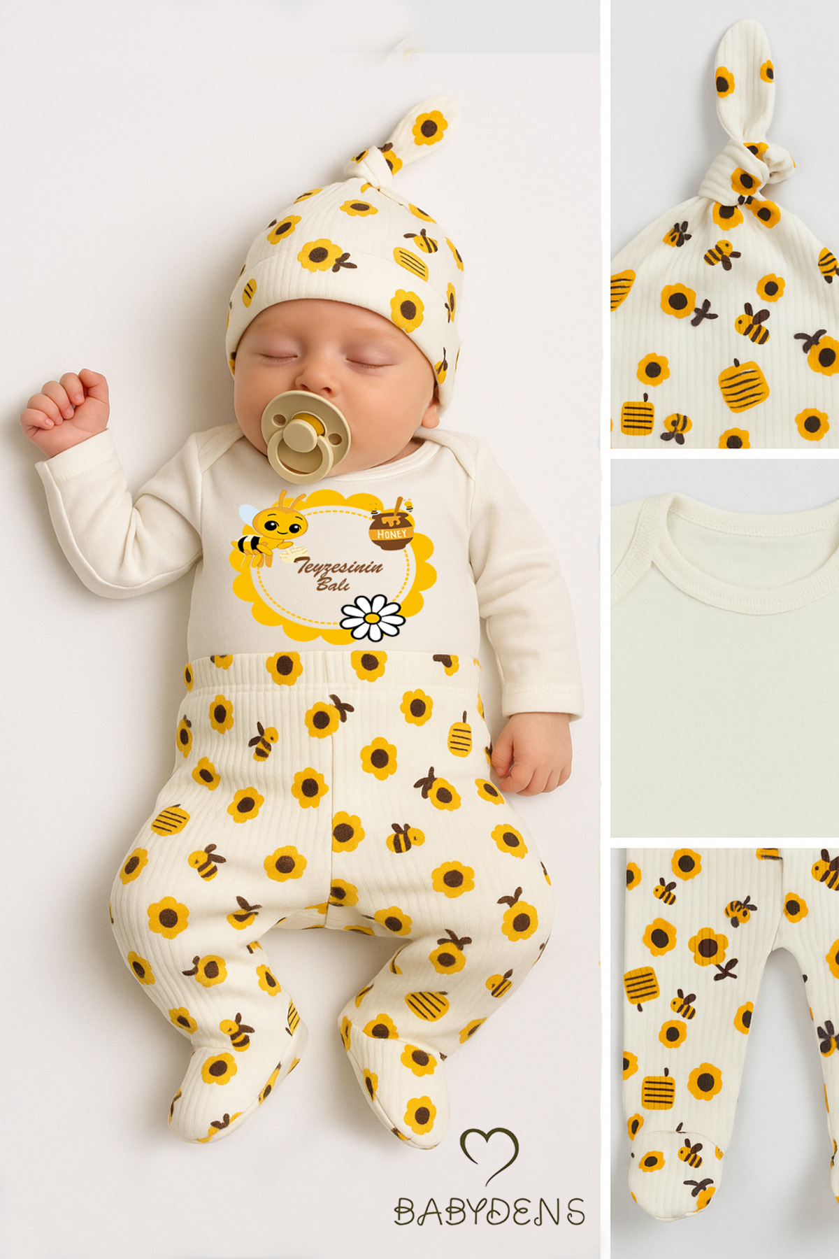 BABYDEN'S Teyzesinin Balı Yazılı 3lü Yenidoğan Takımı Arı Desenli Patikli Alt,bere,çıtçıtlı Uzun Kollu Body fotoğrafı 4 (önizleme)
