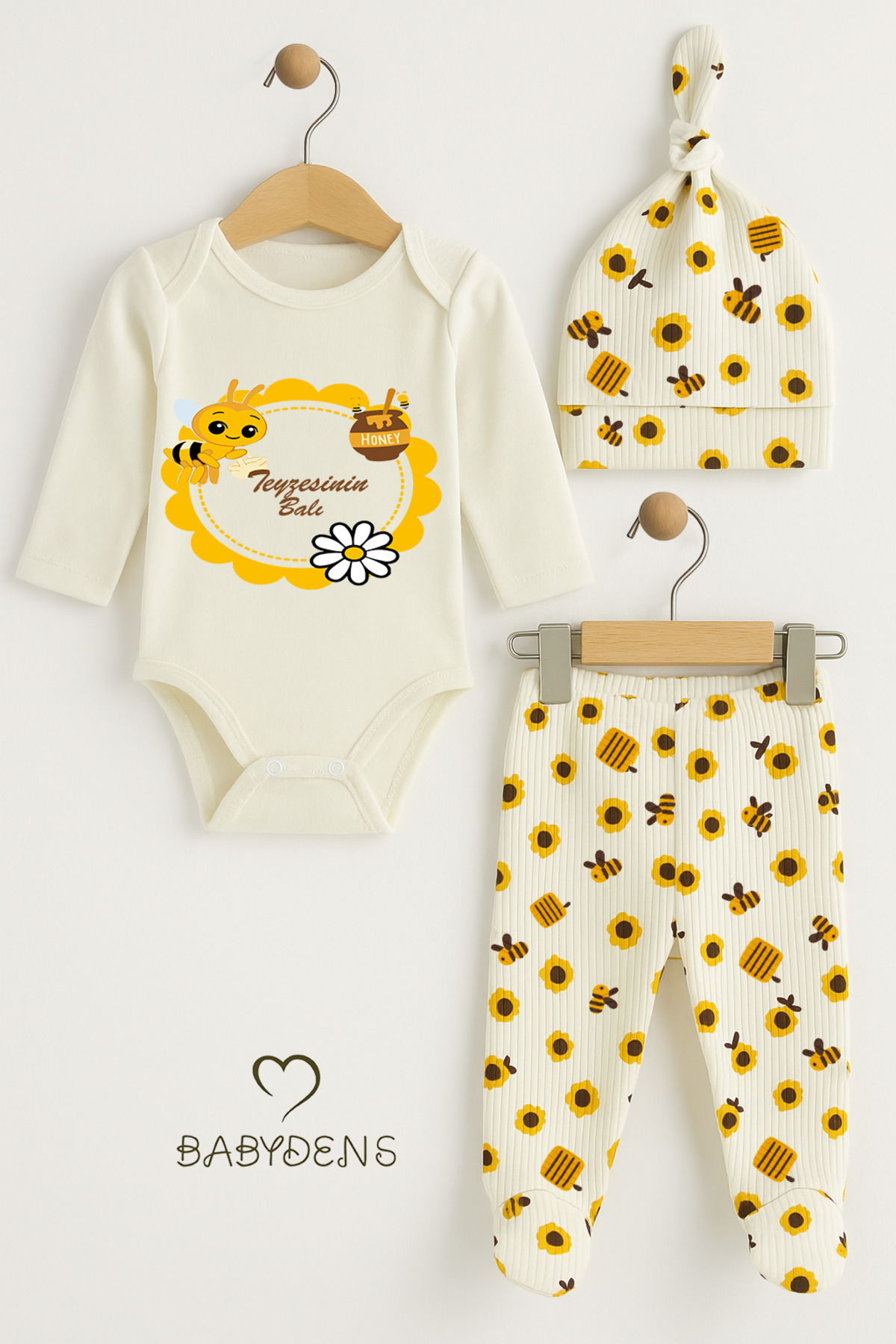 BABYDEN'S Teyzesinin Balı Yazılı 3lü Yenidoğan Takımı Arı Desenli Patikli Alt,bere,çıtçıtlı Uzun Kollu Body fotoğrafı 6 (önizleme)
