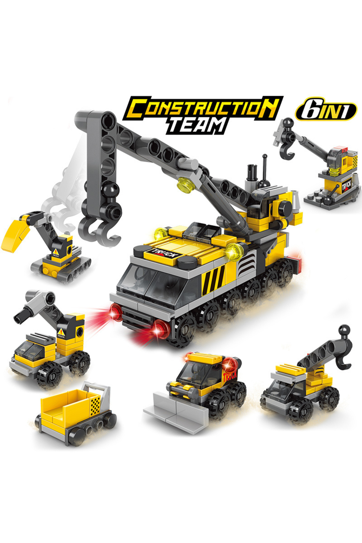 ۸۶۱۲-۲ ۶ در ۱ کیت بلوک‌های ساختمانی کوچک‌مقیاس شامل کامیون، جرثقیل، لیفتراک و ماشین‌های تیم ساخت‌وساز شهری DIY