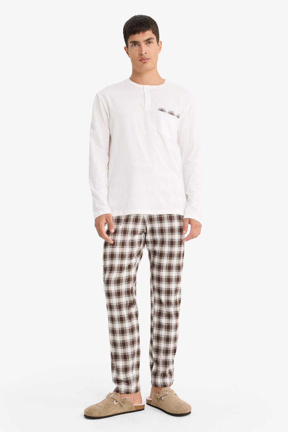 DeFacto-Pajama Set Regular Fit Long Sleeve Top Checked Long Bottom F7488Ax25Au 1
