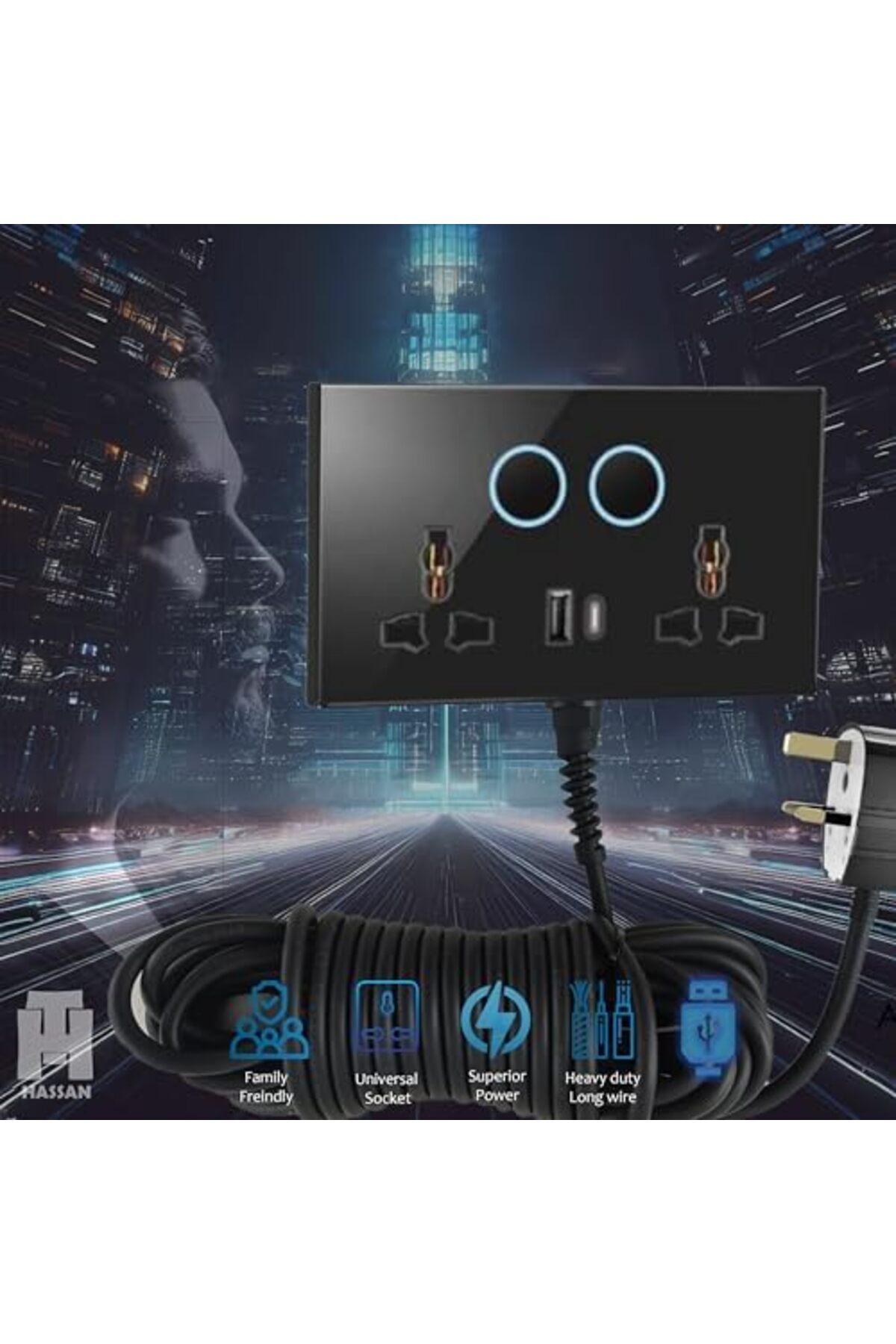 HASSAN-USB-C & USB-A Dual Universal Socket Extension with Neon Indicator - 5V 2.1A Power and Long Co 8