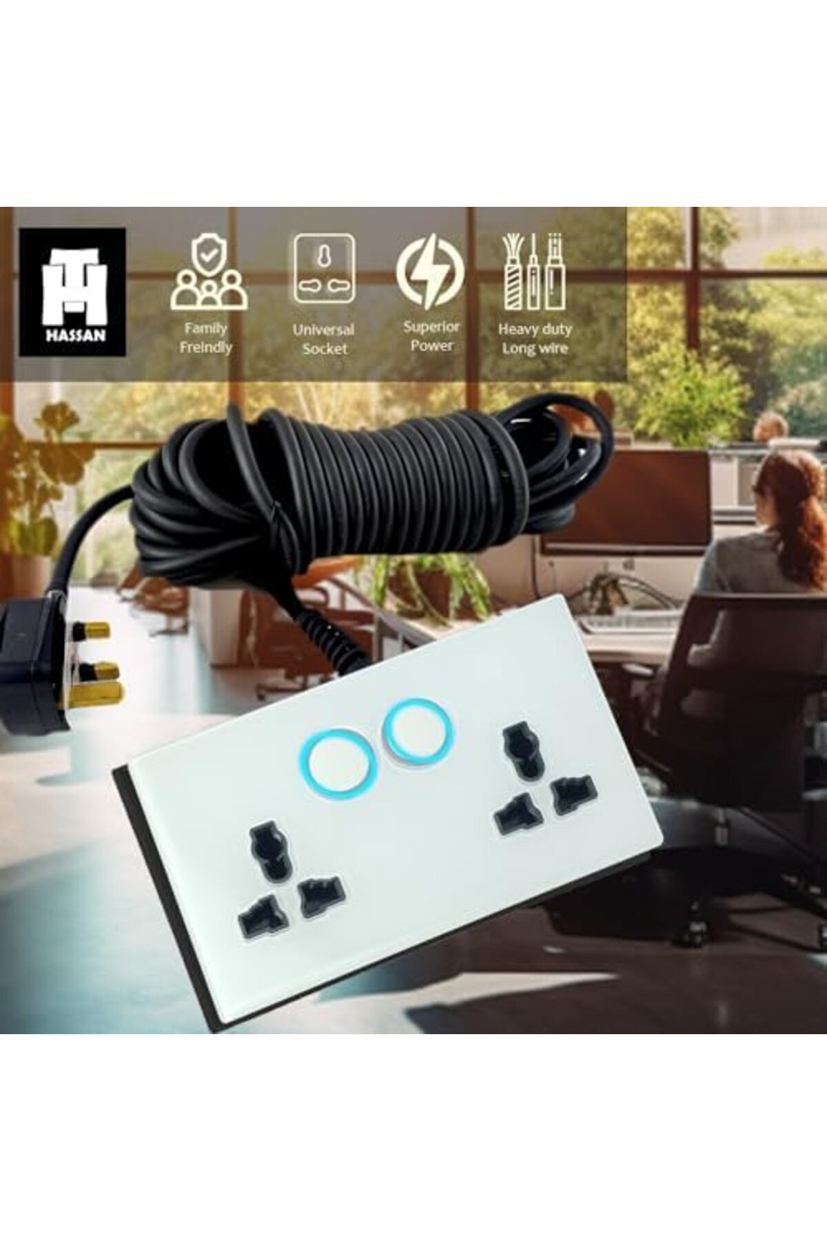 HASSAN-'s Dual Neon Indicator Extension with 13A Double Universal Glass Socket, Premium Tempered Fini 4