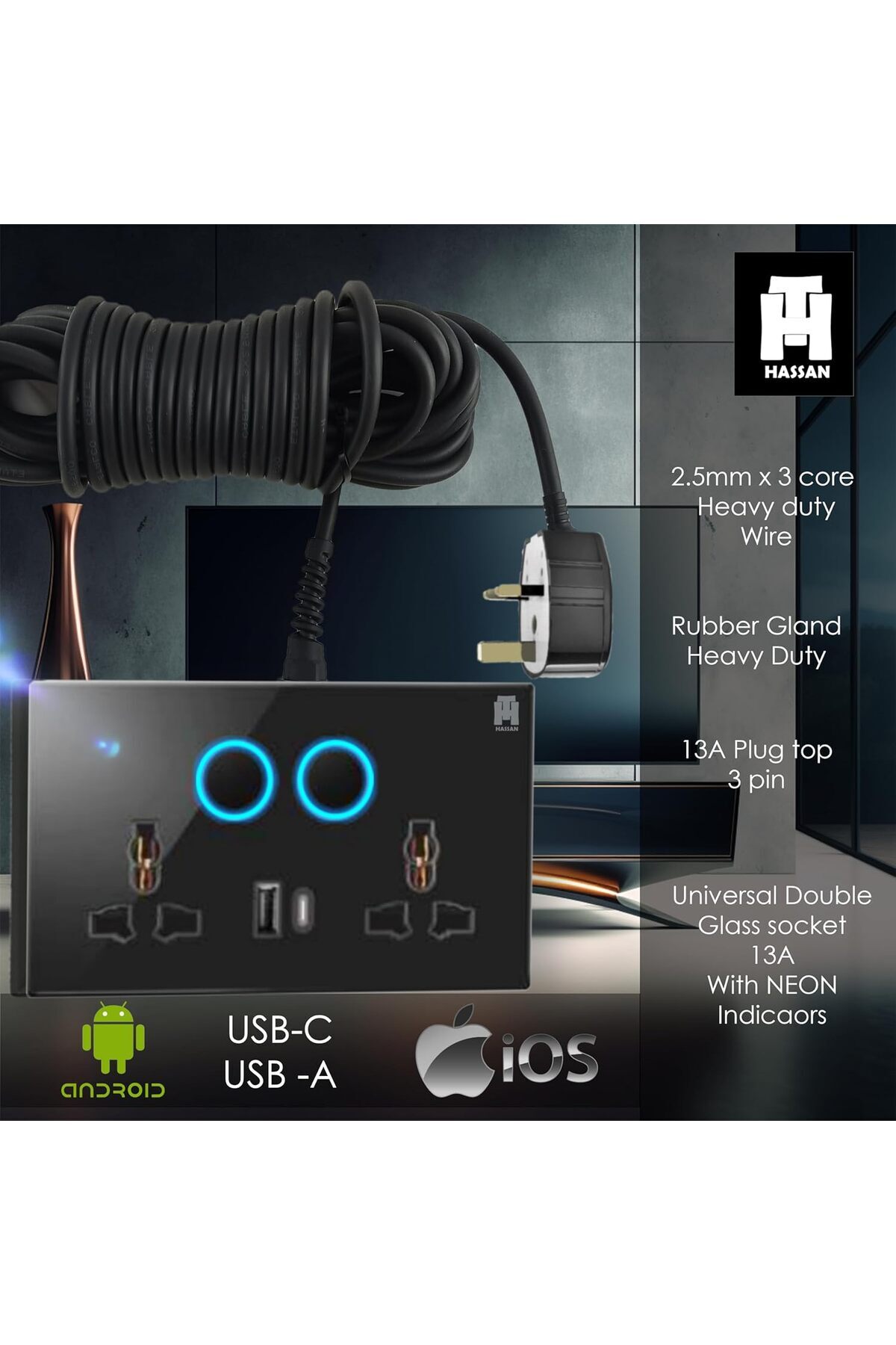 HASSAN-USB-C & USB-A Dual Universal Socket Extension with Neon Indicator - 5V 2.1A Power and Long Co 3