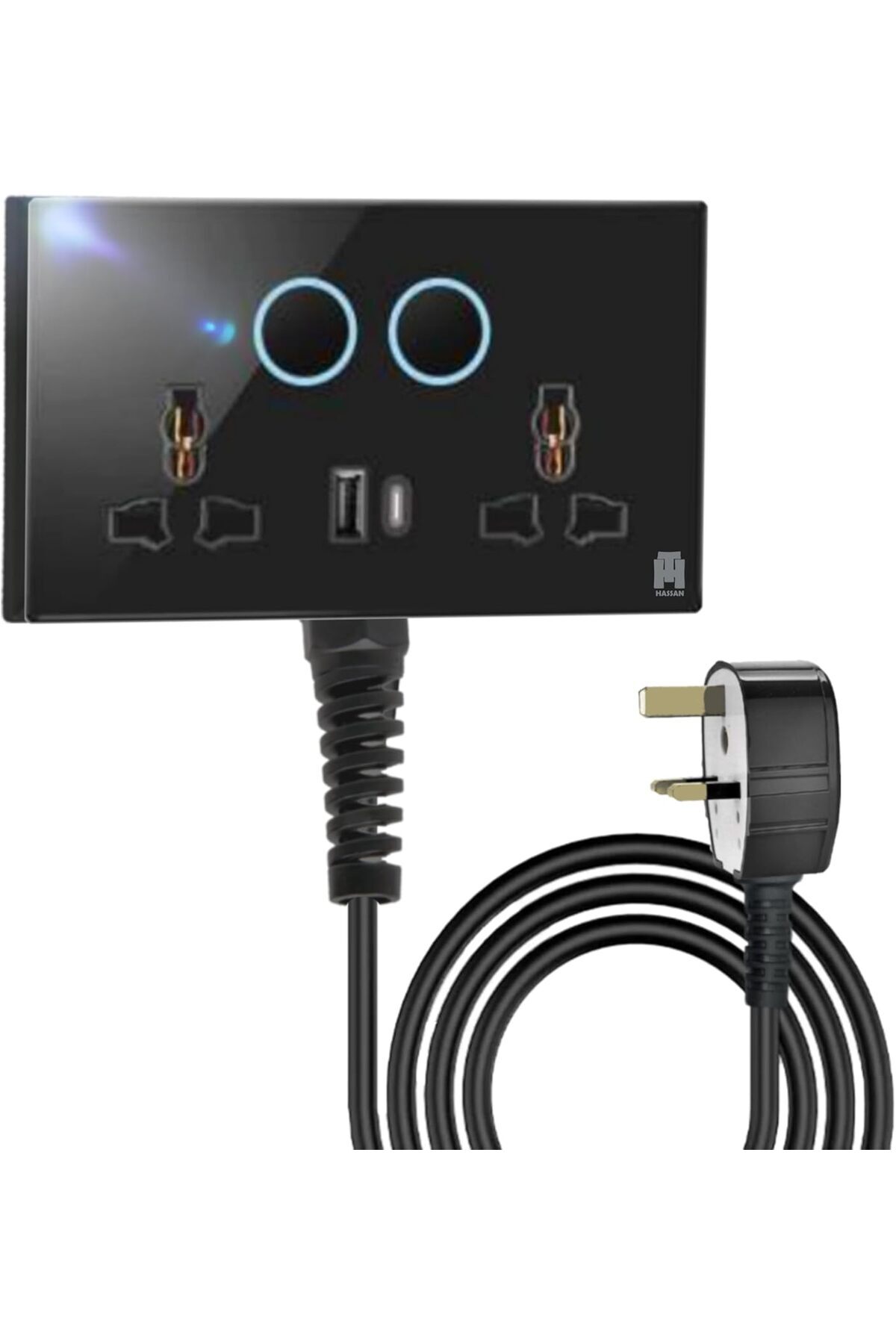 HASSAN-USB-C & USB-A Dual Universal Socket Extension with Neon Indicator - 5V 2.1A Power and Long Co 5