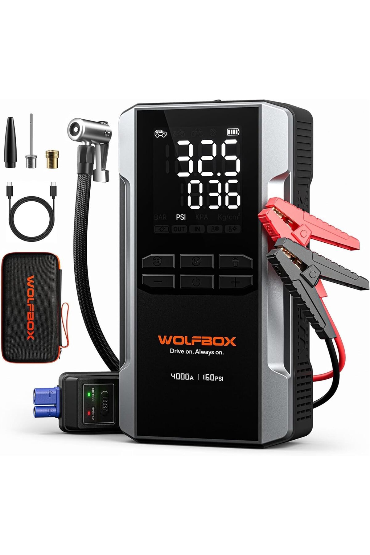 WOLFBOX 4000A Marş Yardımı, 160 PSI Kompresör 12V Akü Takviyesi 24000mAh Powerbank LED Işık