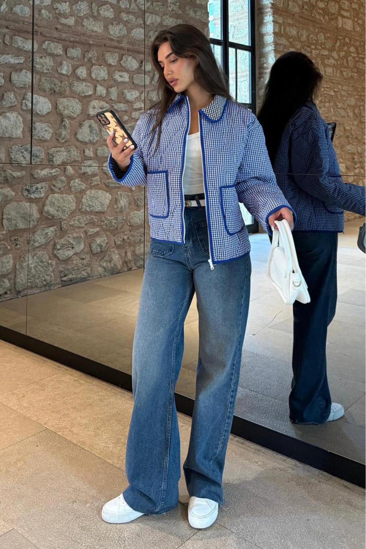 Madmext  Mavi Pötikareli Cepli Kadın Mont Mg2488 - Görsel 2