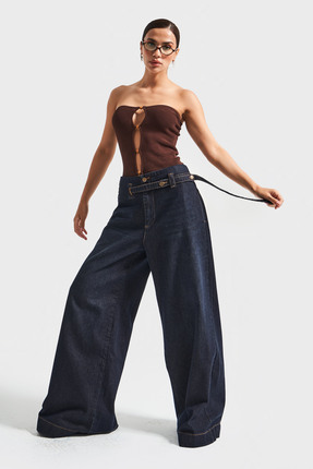 it's basic Kadın Koyu Kot Rengi 2w5-128 Süper Palazzo Fit %100 Koton Kemer De...