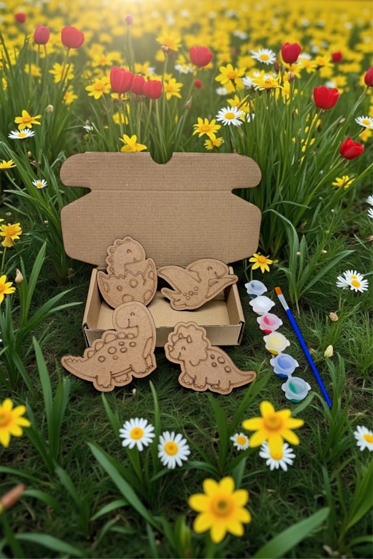 kedili dükkan Dinozor Montessori Ahşap Boyama Seti - Kendin Yap Aktivite Seti