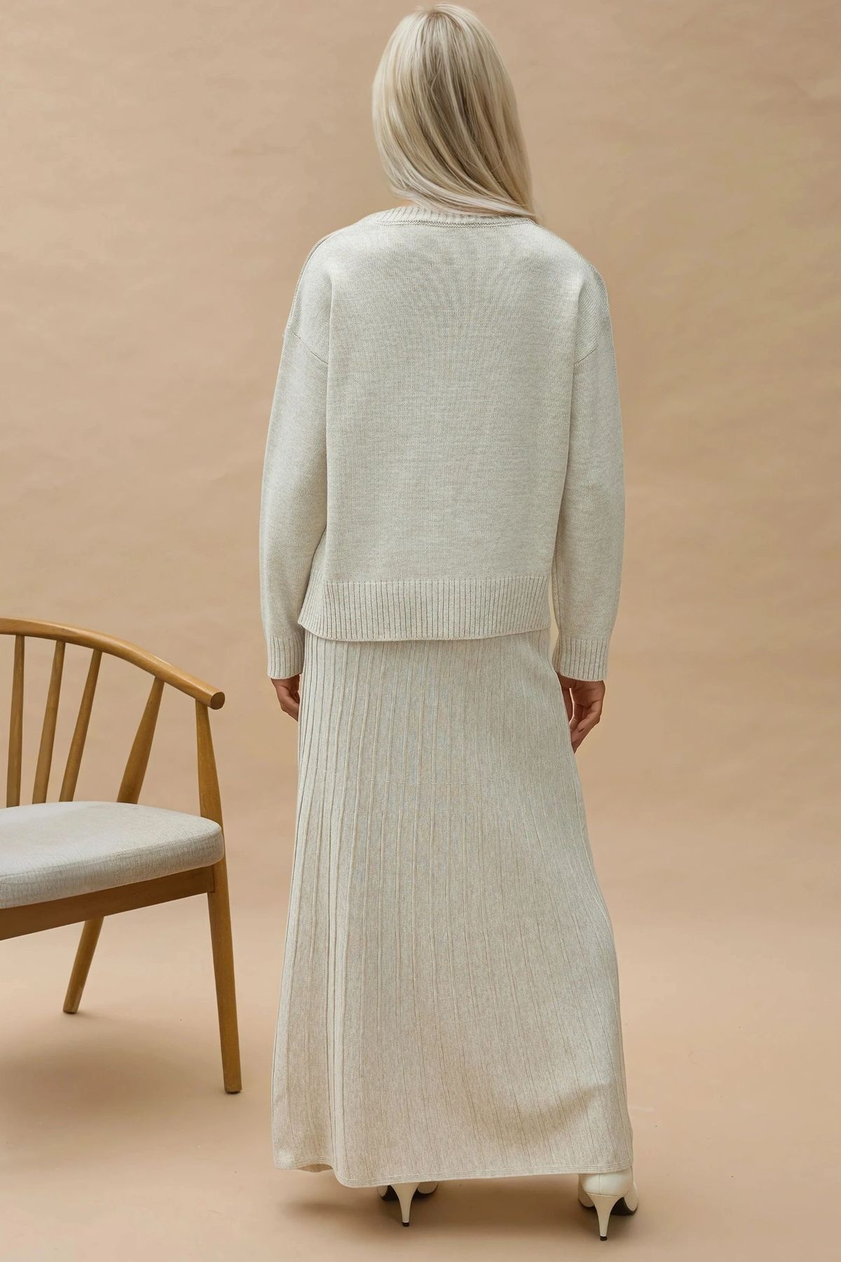 Hiccup-Textured Basic Sweater & Flared Midi Skirt Knitwear Set 3