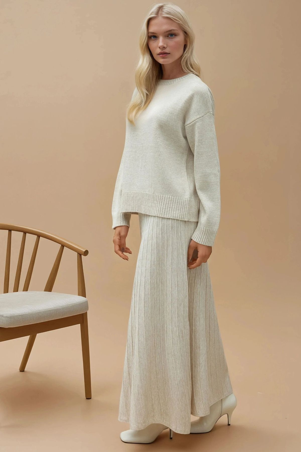 Hiccup-Textured Basic Sweater & Flared Midi Skirt Knitwear Set 6