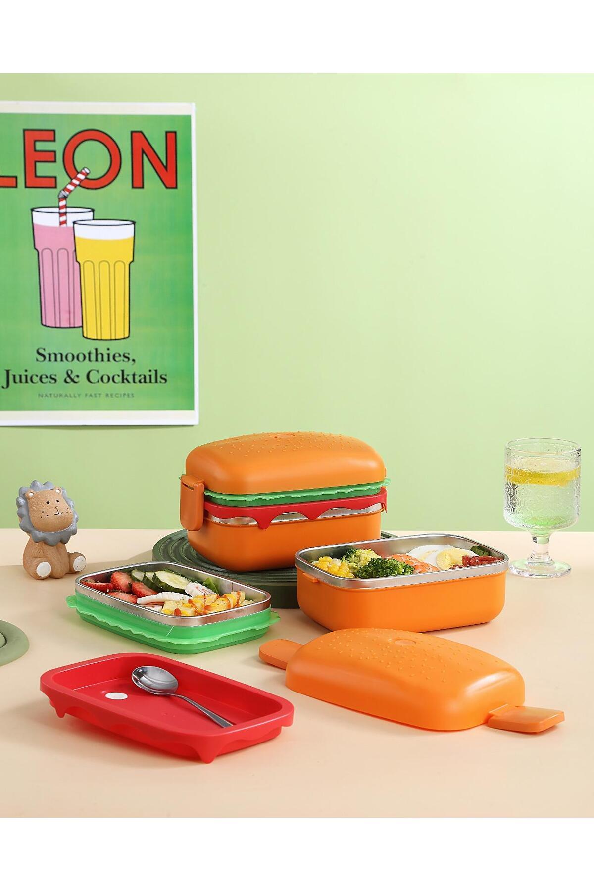 SANALTİCARETİM-Hamburger Pattern Rectangular Steel Two-Layer Vacuum Lunch Box Storage Container 3