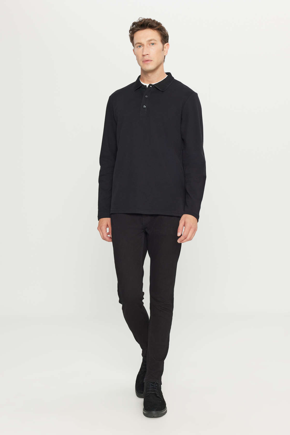 AC&Co / Altınyıldız Classics Erkek Siyah %100 Pamuk Standart Fit Normal Kesim Polo Yaka Sweatshirt görsel 2