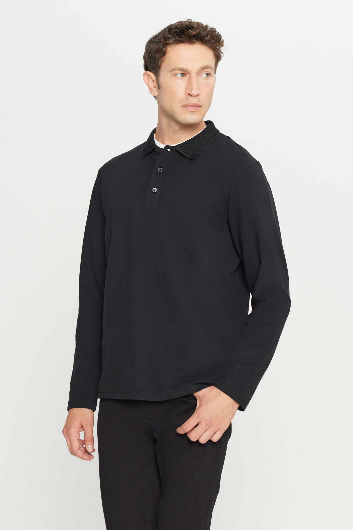 AC&Co / Altınyıldız Classics Erkek Siyah %100 Pamuk Standart Fit Normal Kesim Polo Yaka Sweatshirt görsel 3