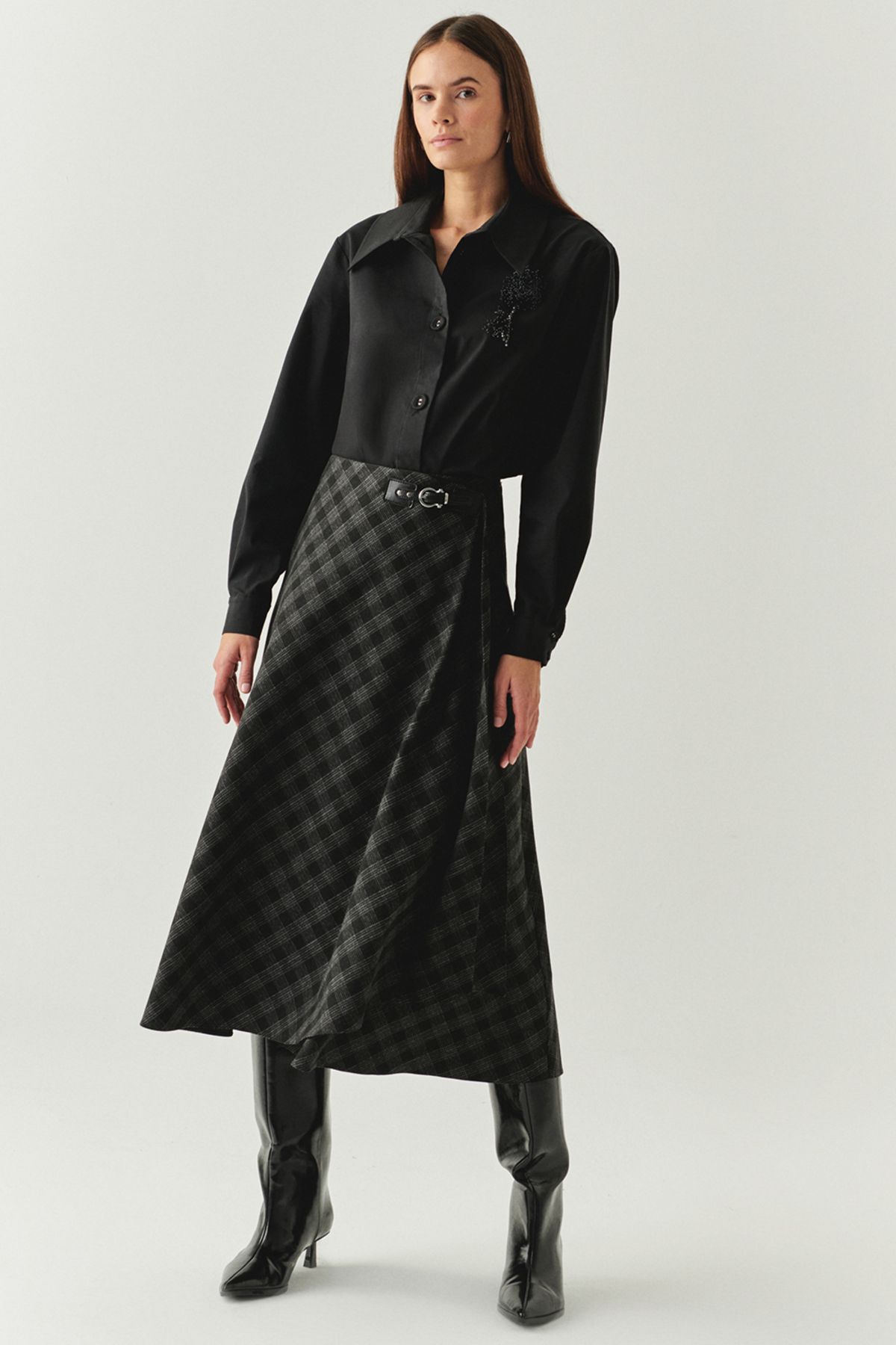 Exquise-Plaid Patterned Wrap Regular Midi Anthracite Skirt 1