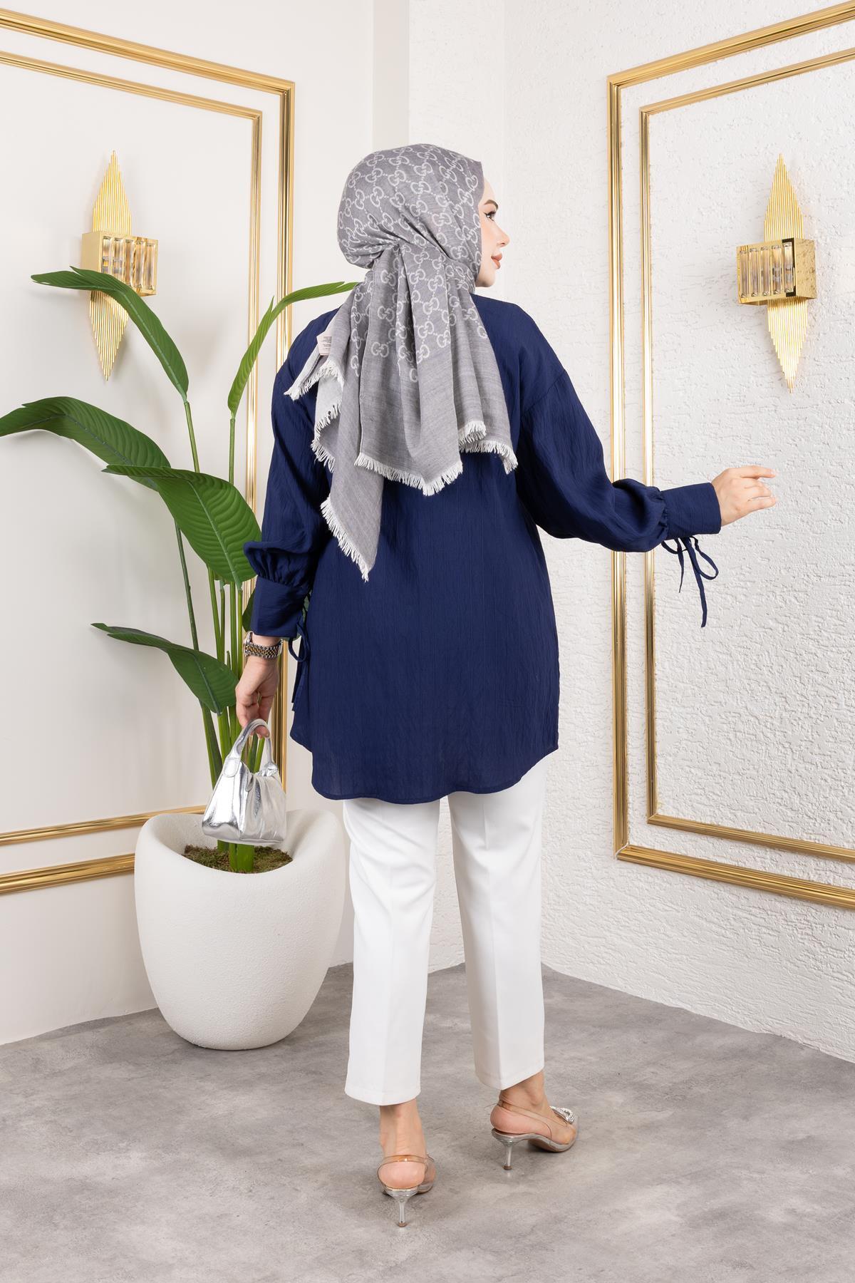 Moda Ebva Kolları Bağcık Detaylı Tesettür Tunik-5218 Lacivert