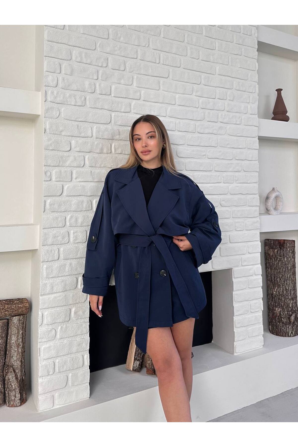 Women's Belt Detailed Short Trench Coat Navy Blue