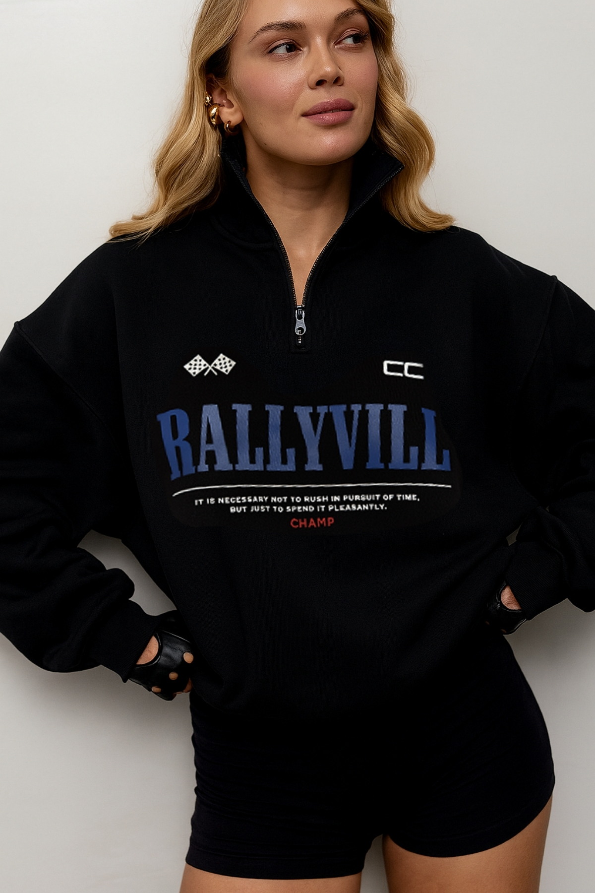 The Champ Clothing Unisex Oversize Yarım Fermuarlı Sweatshirt RallyVill Yazı Baskılı Siyah - 3 İplik Şardonlu Polar görsel 3