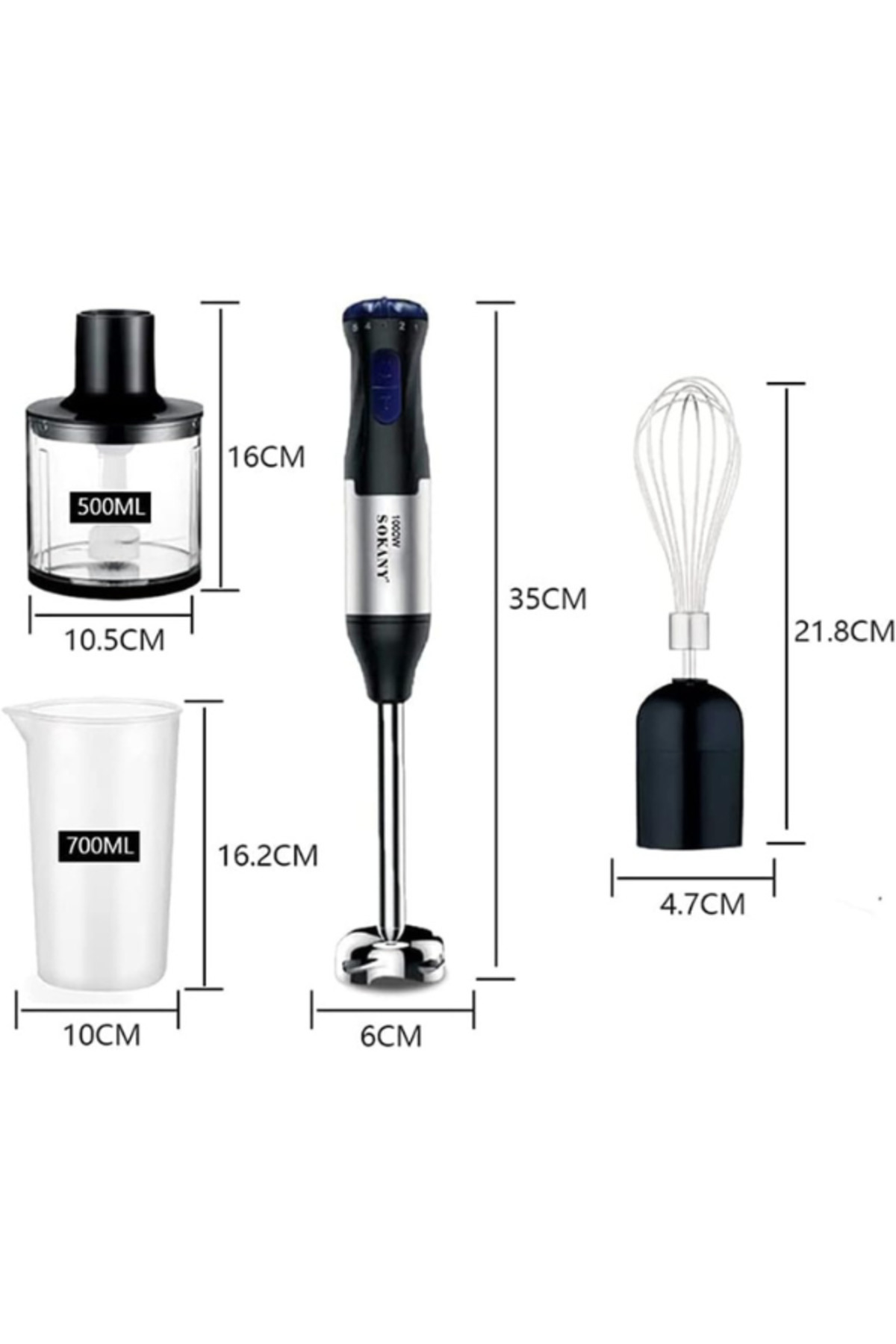 SOKANY-Hand Blender 1000W with 5-Speed Adjustable + Turbo Function, Includes Whisk, 500ml Chopper 5