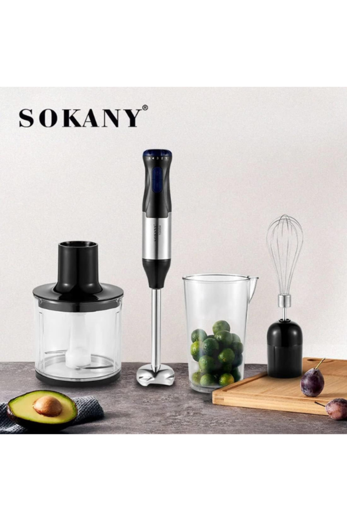 SOKANY-Hand Blender 1000W with 5-Speed Adjustable + Turbo Function, Includes Whisk, 500ml Chopper 1