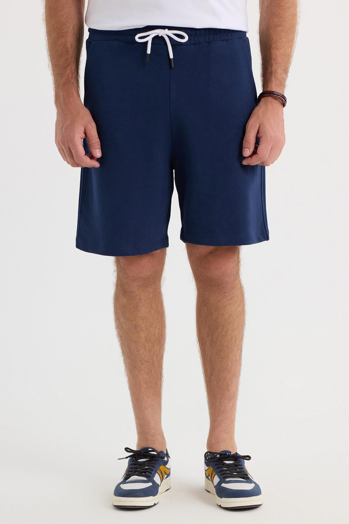 Tudors  Erkek Relax Fit Rahat Kesim %100 Pamuk Beli Bağcıklı Lacivert Şort