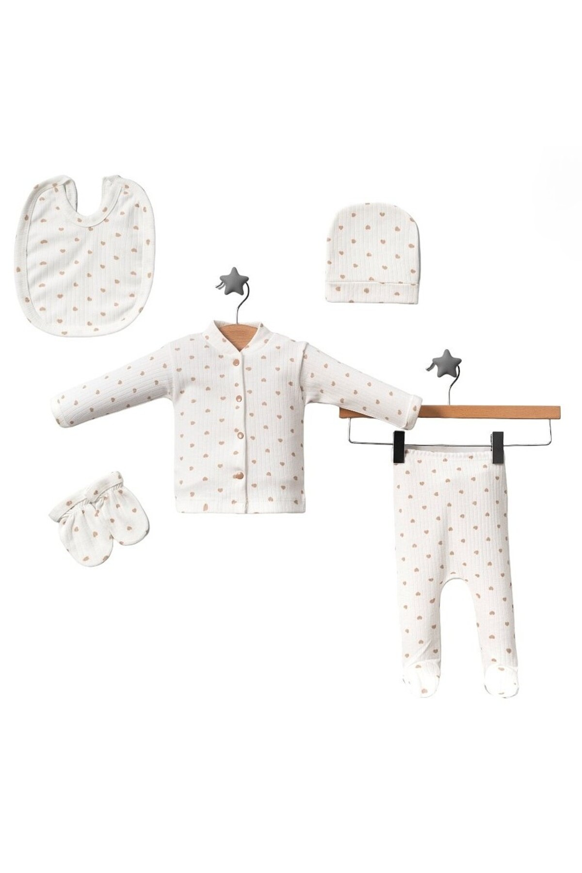 Baby Girl Beige Heart Pattern 5-Piece Newborn Baby Clothes
