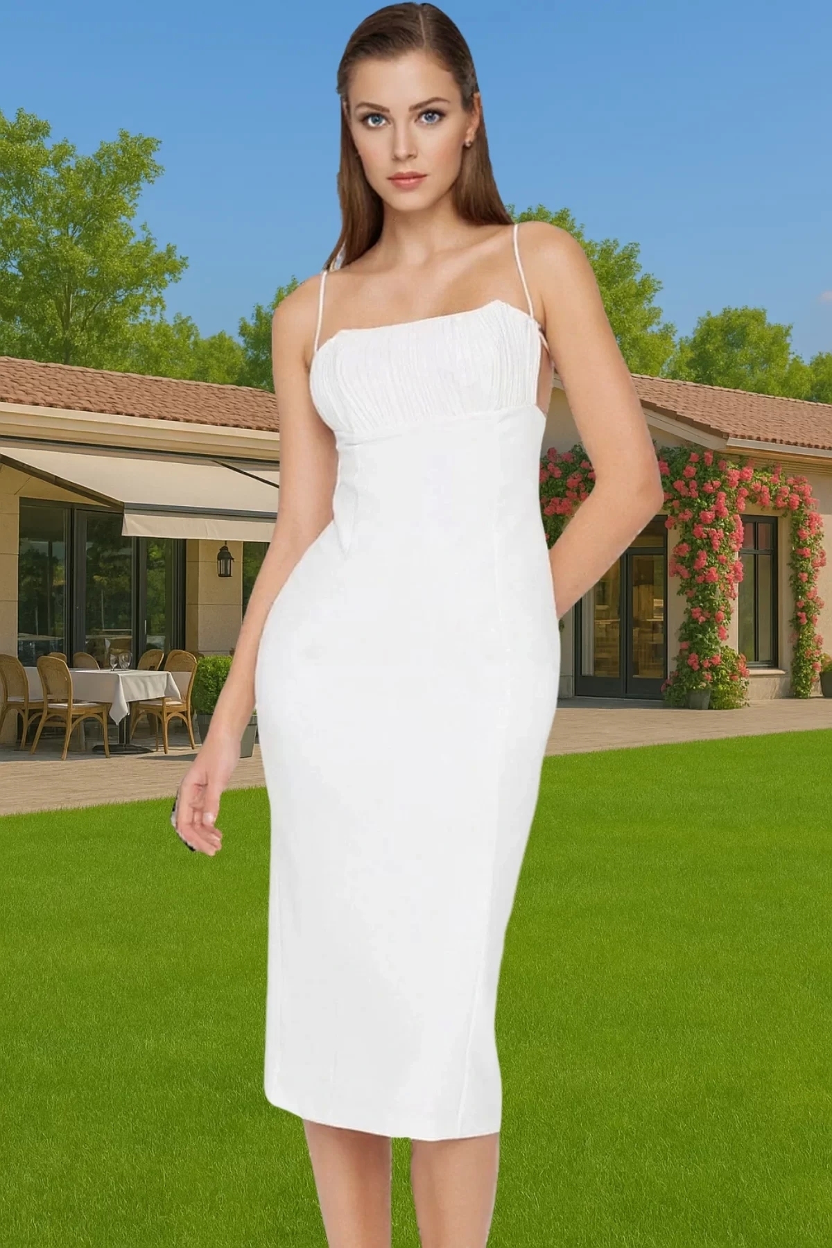 Kadın Bodycon Midi Abiye Elbise Yazlık Dokuma Kumaş Kare Yaka Trendy Tasarım Günlük Kullanım