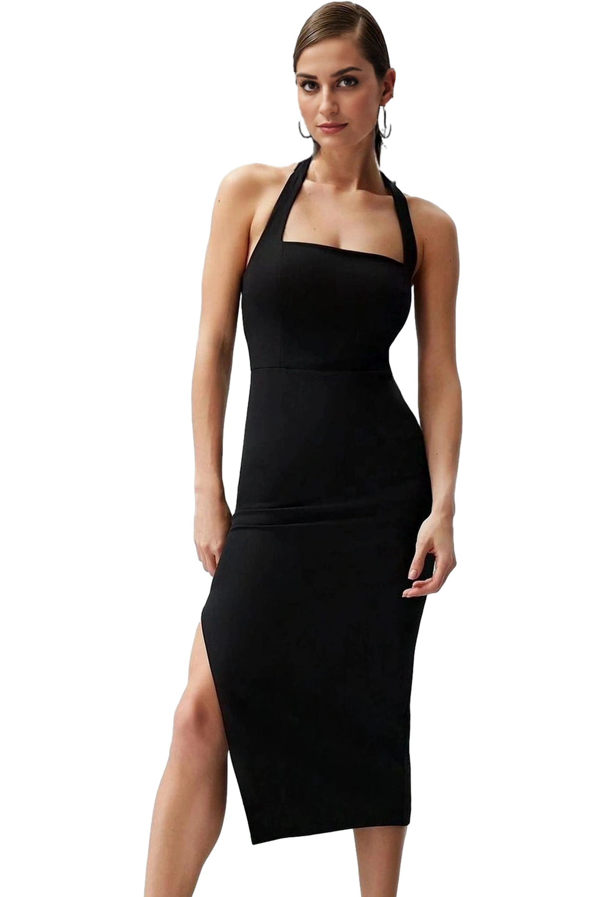 Kadın Bodycon Midi Elbise Finike Dokuma Kare Yaka Yazlık Özel Günler Yaz Aylarının Vazgeçilmezi