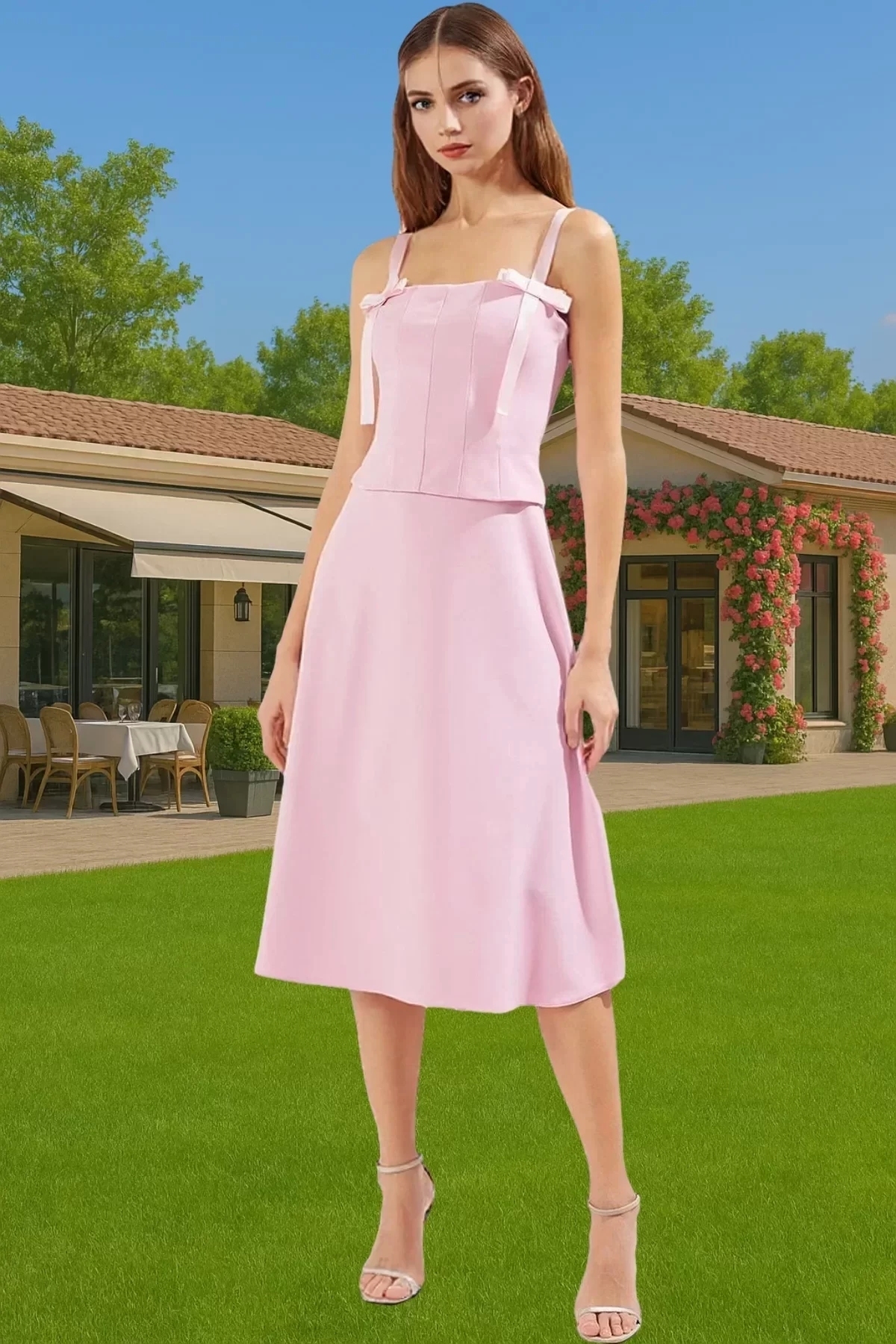 Kadın A Kesim Midi Elbise Fiyonk Detaylı Dokuma Yazlık Modern Stil Rahat Dayanıklı Malzeme