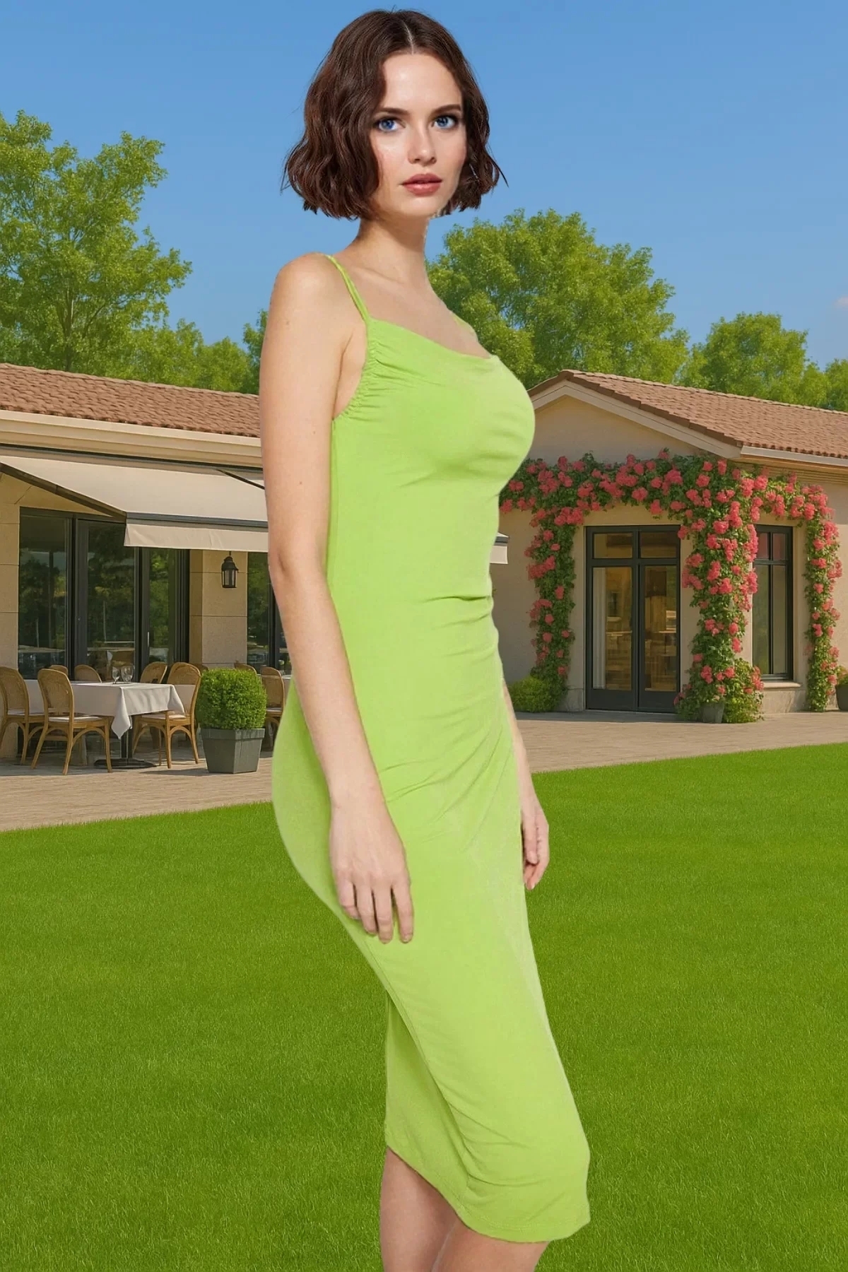 Kadın Midi Boy Bodycon Elbise İnce Askılı Degaje Yaka Rahat Şık Günlük Yaz Aylarının Vazgeçilmezi