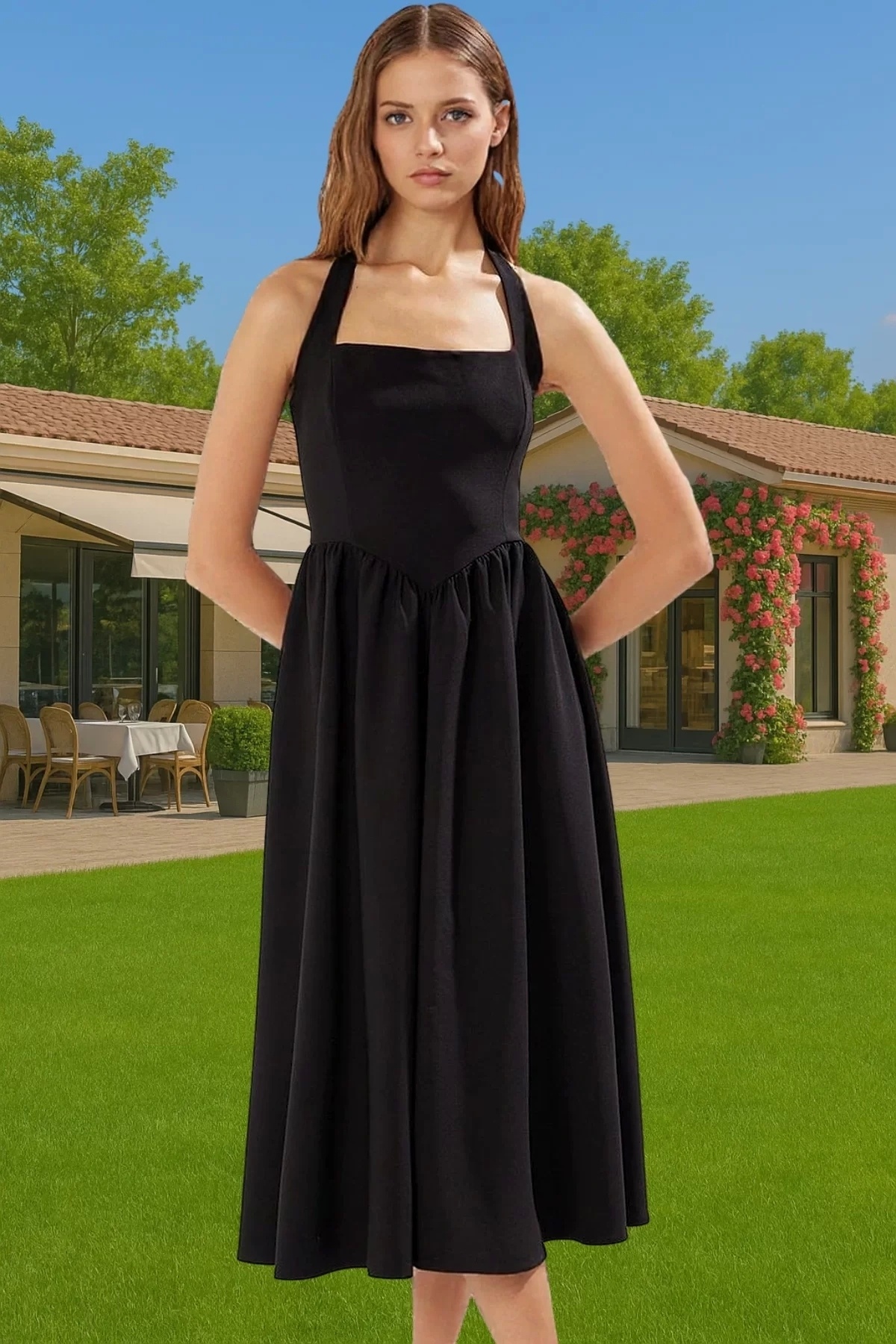 Kadın A Kesim Midi Abiye Elbise Fiyonk Detayli Modern Stil Günlük Kullanım Kaliteli Malzeme