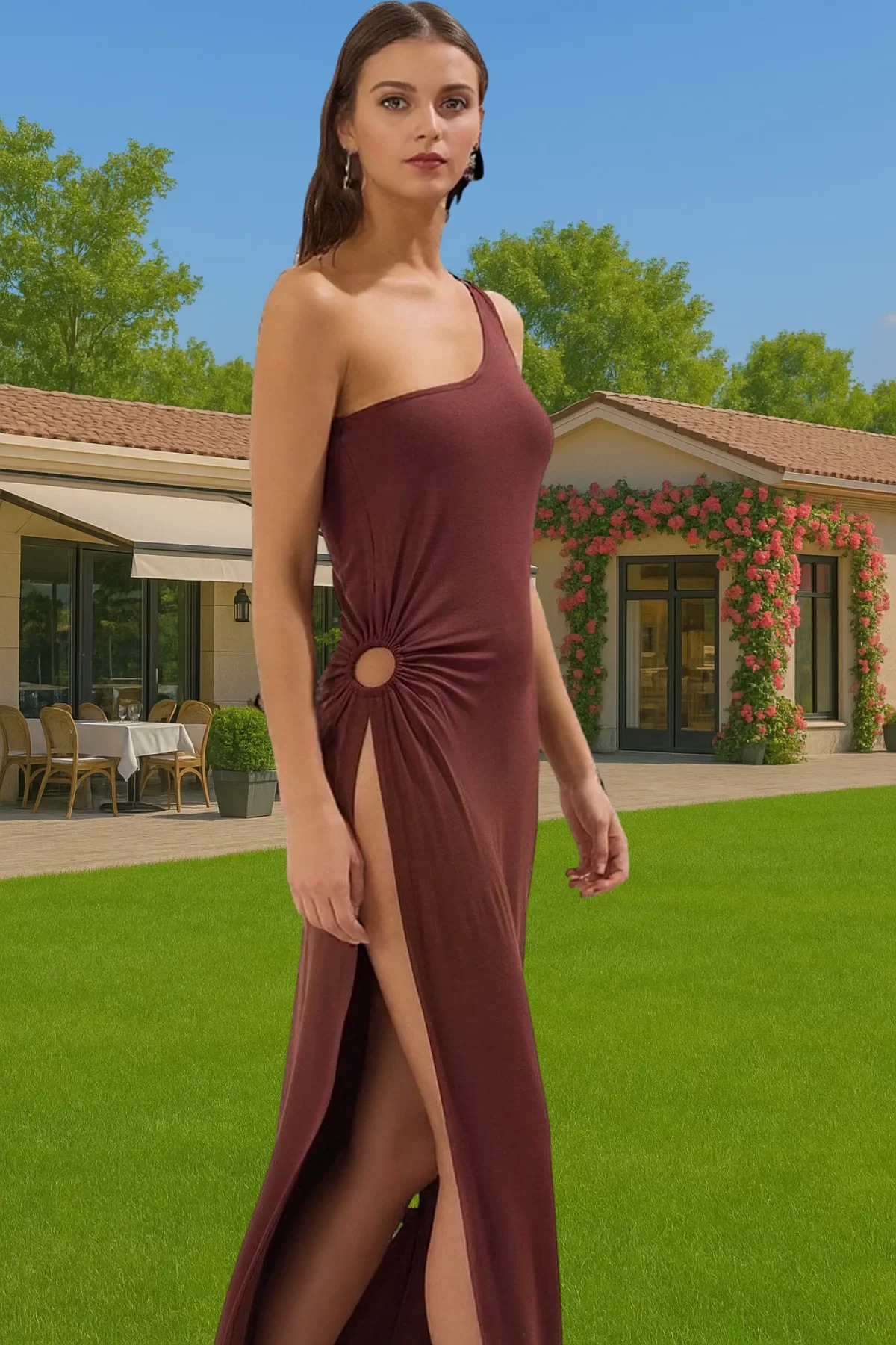 Kadın Maxi Tek Omuz Yırtmaçlı Plaj Elbisesi Rahat Kalıp Yazlık Stil Yaz Aylarının Vazgeçilmezi