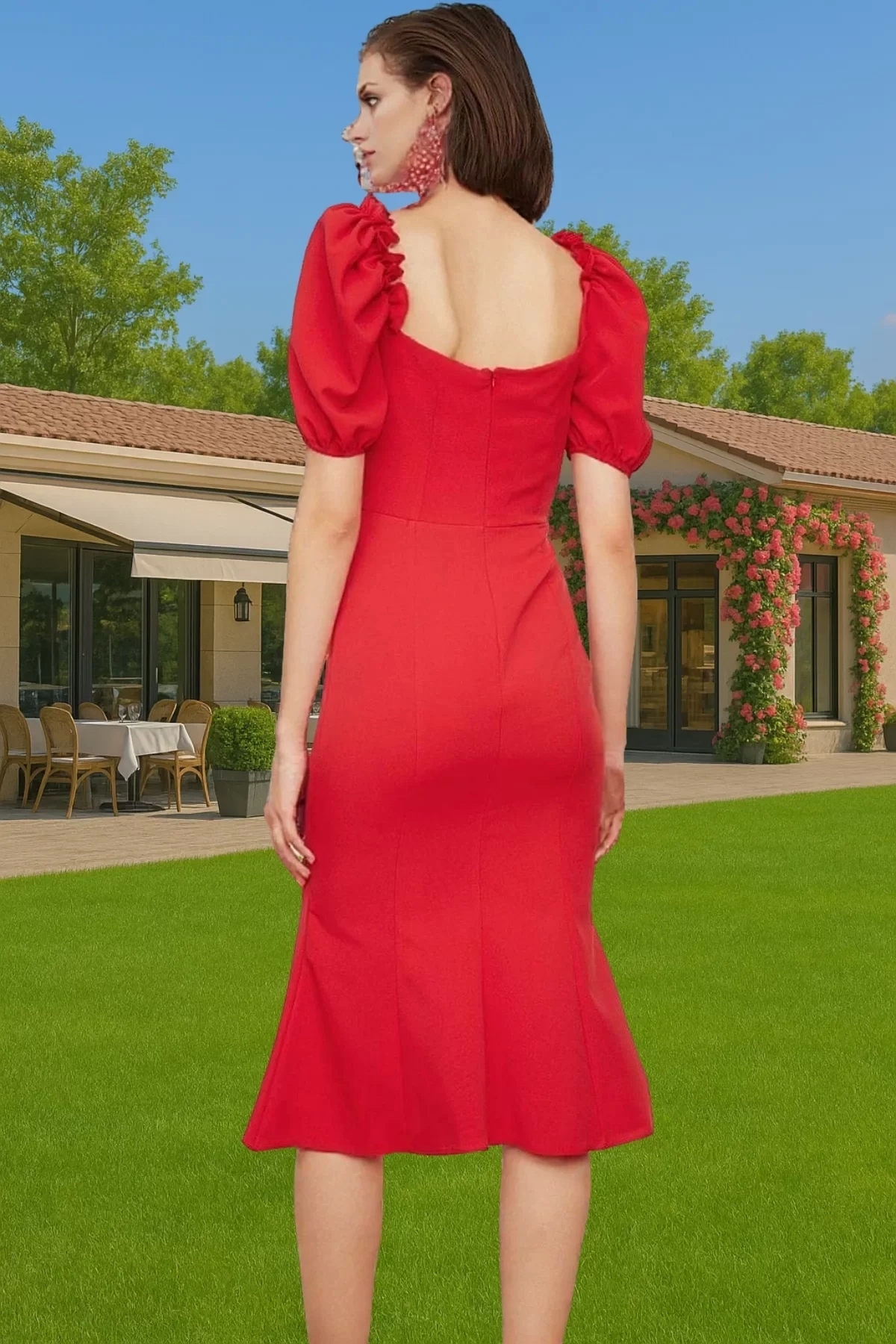 Kadın Midi Boy Bodycon Dokuma Abiye Elbise Balon Kol Kalp Yaka Özel Tasarım Günlük Kullanım