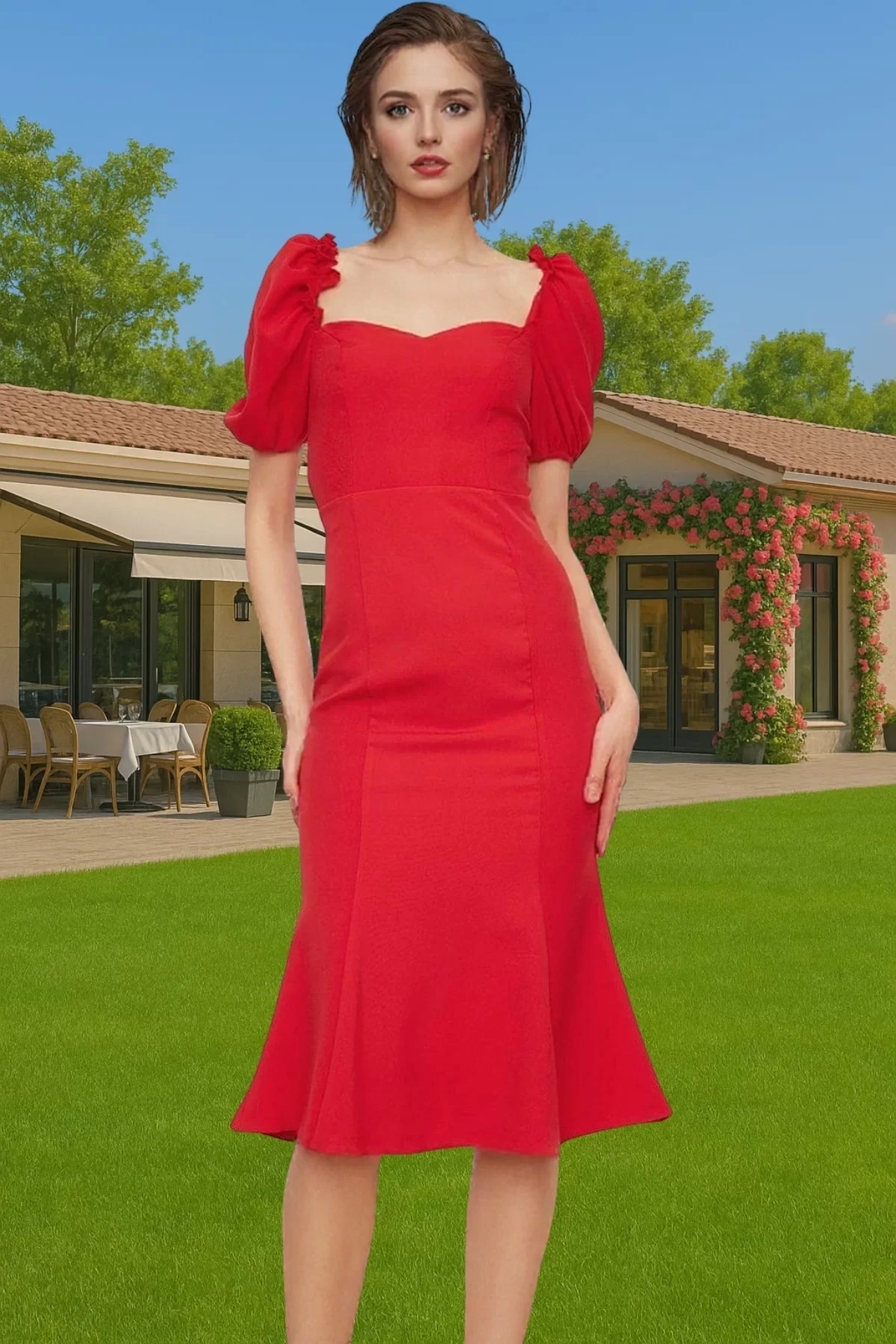 Kadın Midi Boy Bodycon Dokuma Abiye Elbise Balon Kol Kalp Yaka Özel Tasarım Günlük Kullanım