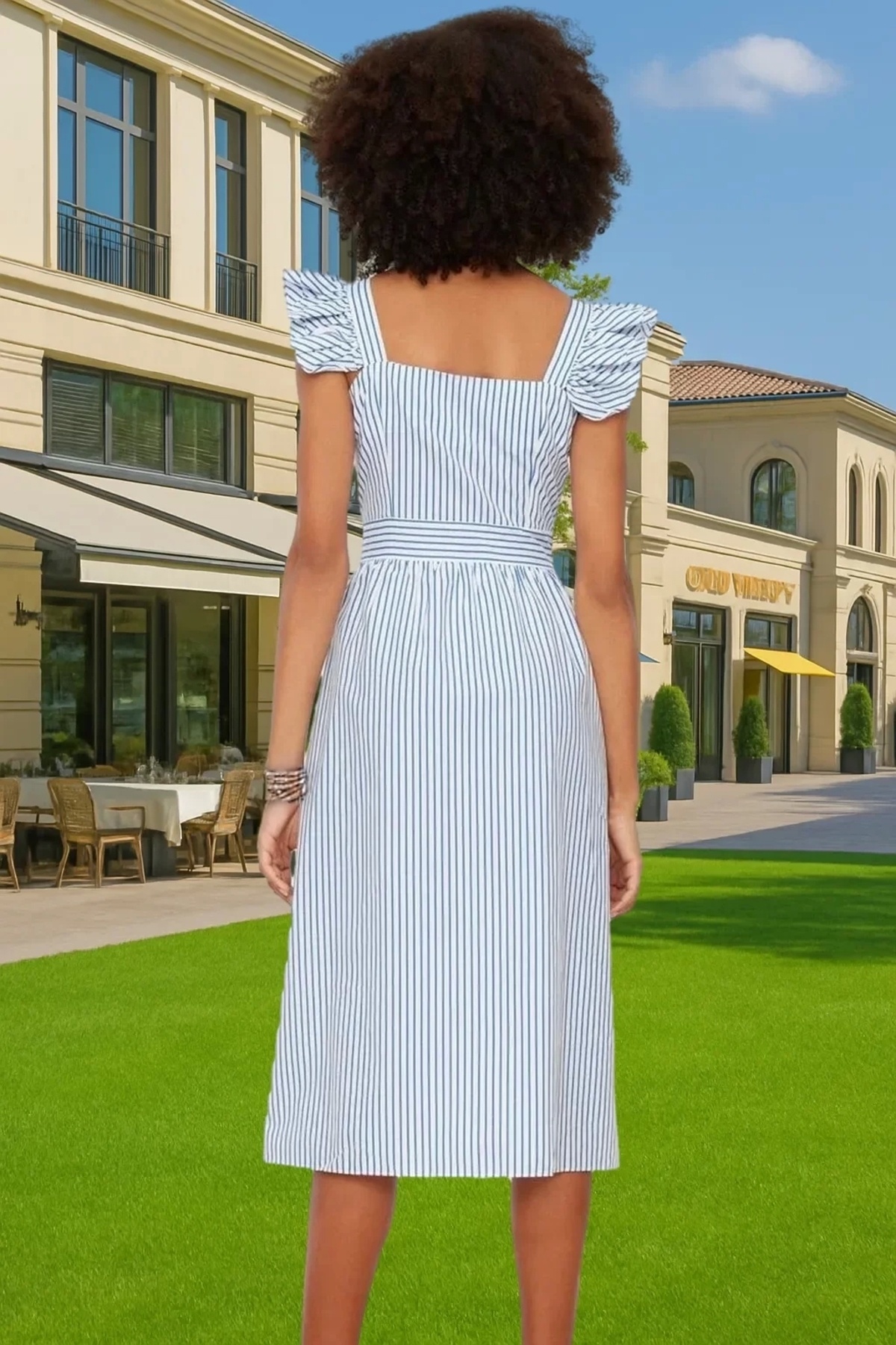 Kadın Çizgili Midi Gömlek Elbise Fırfırlı Detaylar Günlük Stil Hafta Sonu Kaliteli Malzeme