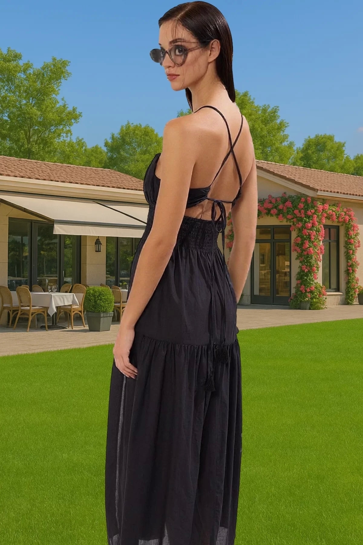 Kadın Oversize Maxi Pamuklu Plaj Elbisesi Sırt Dekolteli Vual Dokuma Yazlık Günlük Kullanım