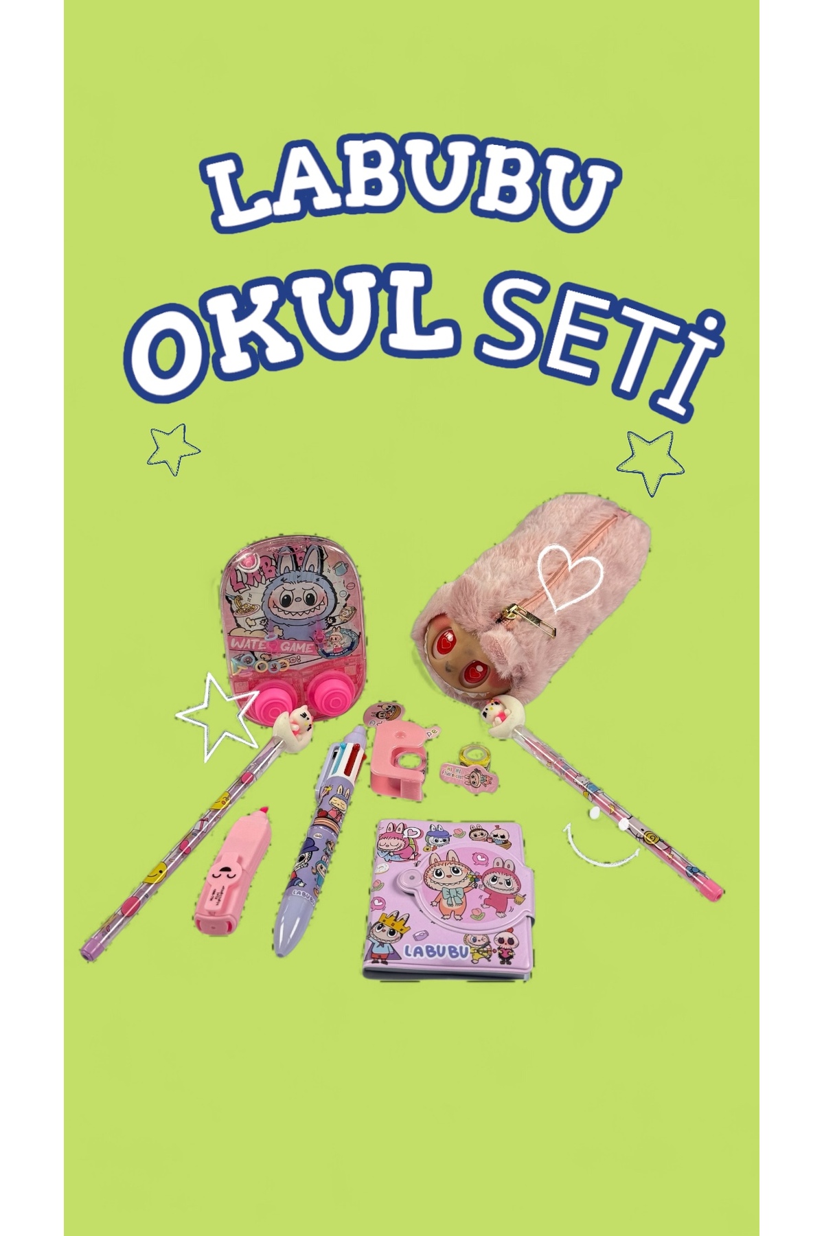 TAROS KIRTASİYE Labubu Okul Seti Sevimli Kırtasiye Seti – Kalemlik, Defter, Kalemler, Oyunlu Su Şişesi & Aksesuarlar