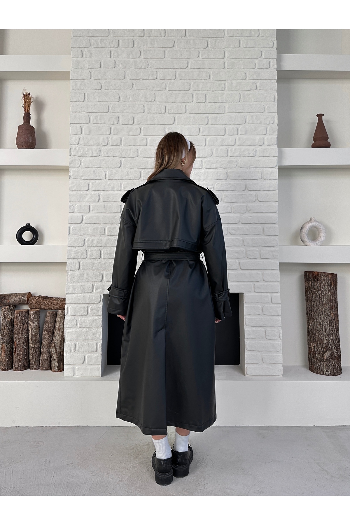 Ekim Store Yeni Sezon Kruvaze Kemerli Oversize Uzun Deri Trençkot görsel 8