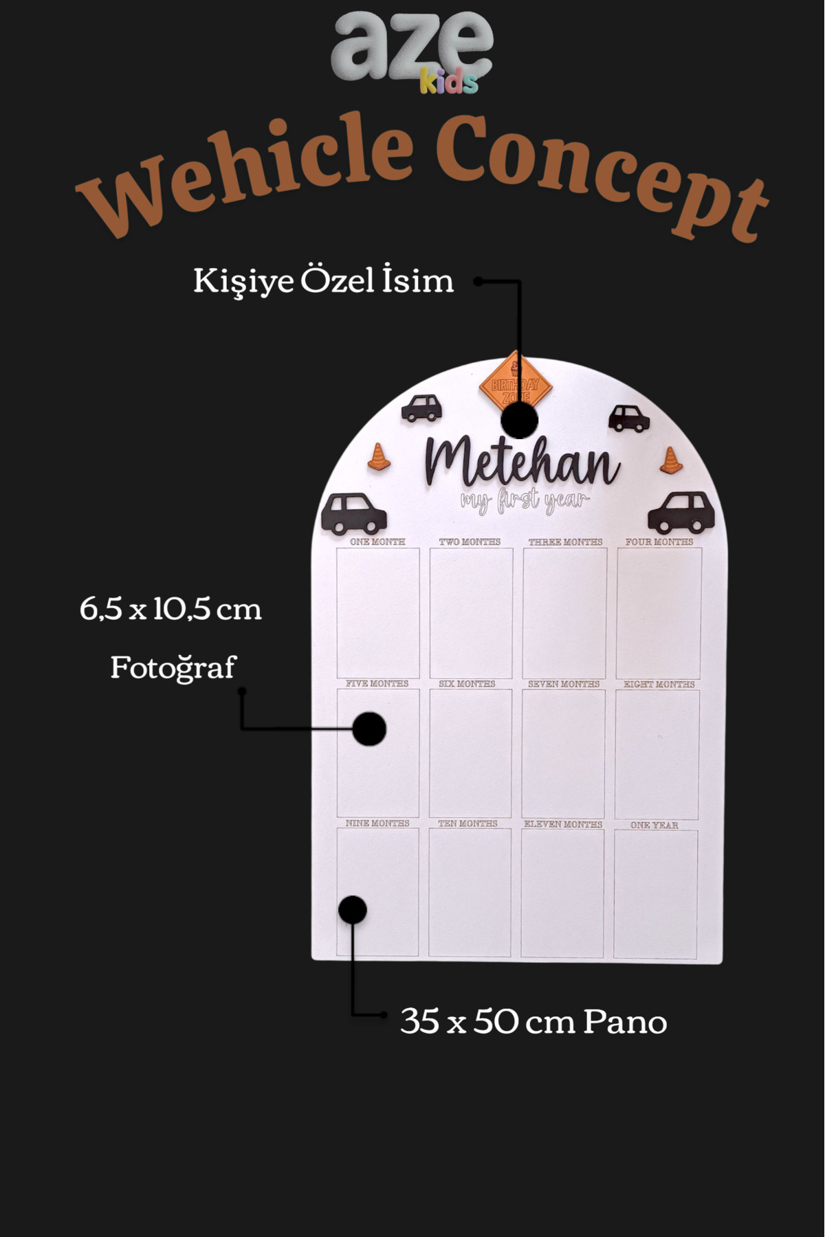 aze kids İsme Özel ARABA Temalı İlk Yıl Anı Panosu 12 Aylık Bebek Hatırası Doğumgünü Süsü fotoğrafı 3 (önizleme)