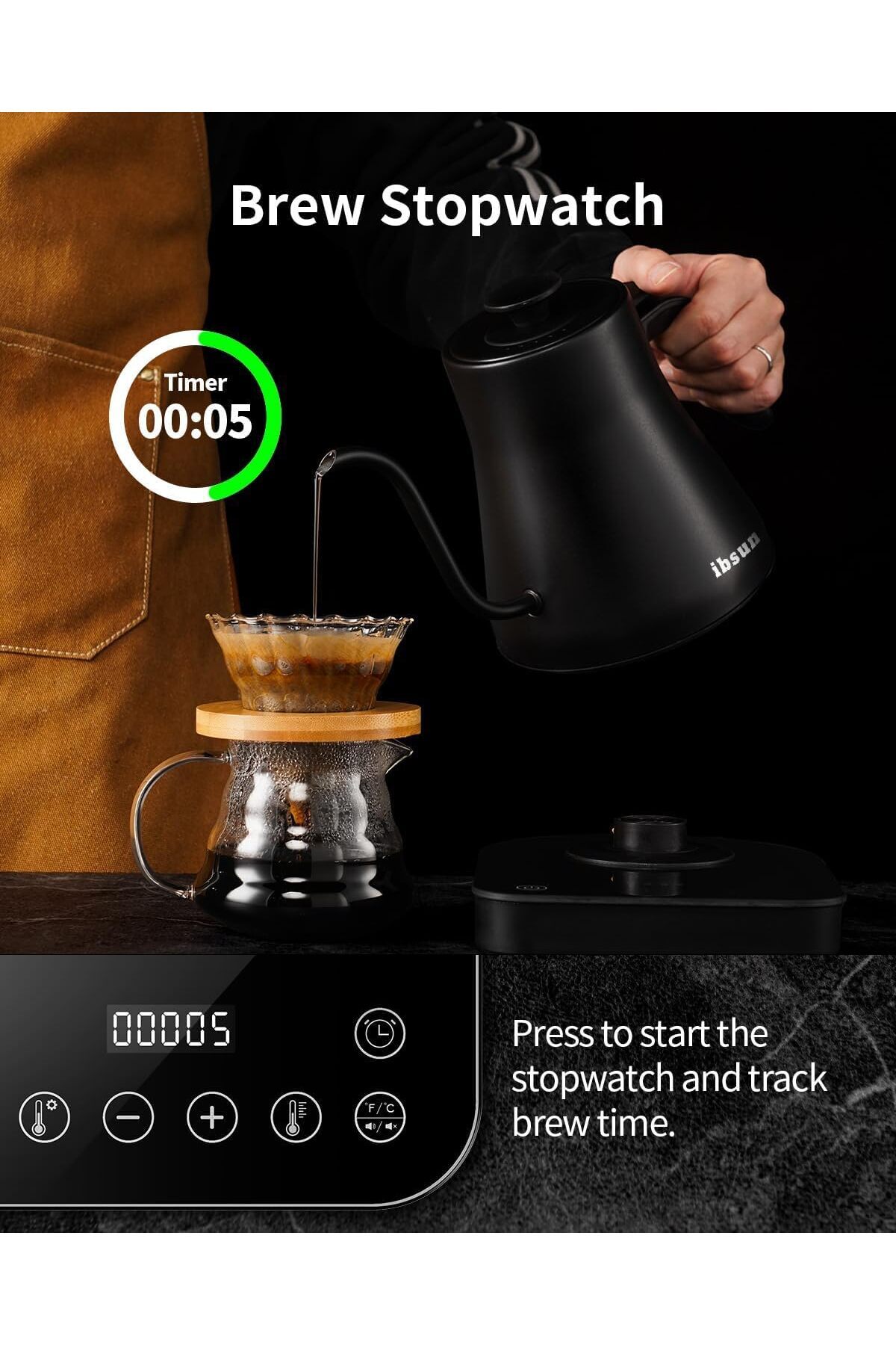 ibsun-Gooseneck coffee Kettle with 1-Degree Precision Temperature Control, Electric Kettle with LED Touchs 3