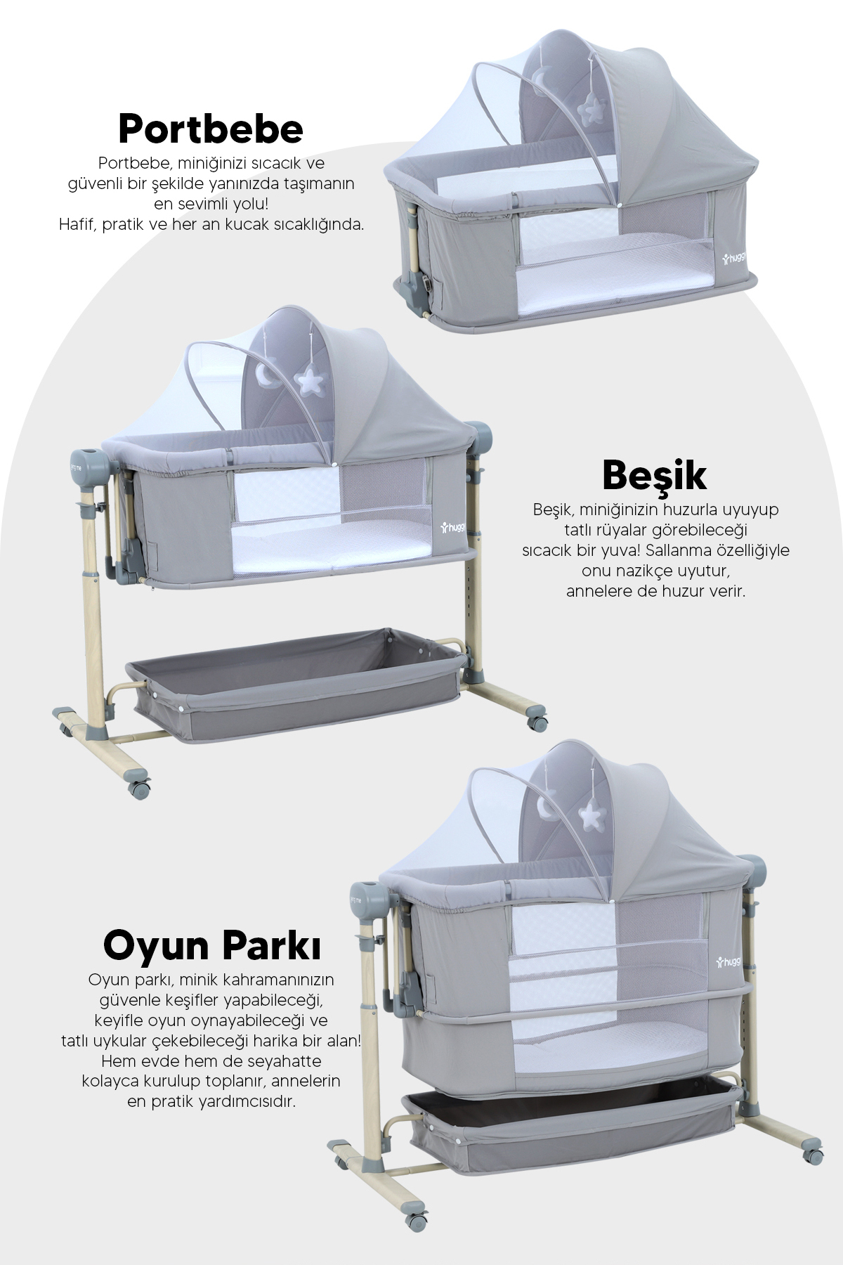 Huggy Gri Swing Me Akıllı Beşik – Otomatik Sallanabilir, Ağlamaya Duyarlı Anne Yanı Oyun Parkı fotoğrafı 2 (önizleme)